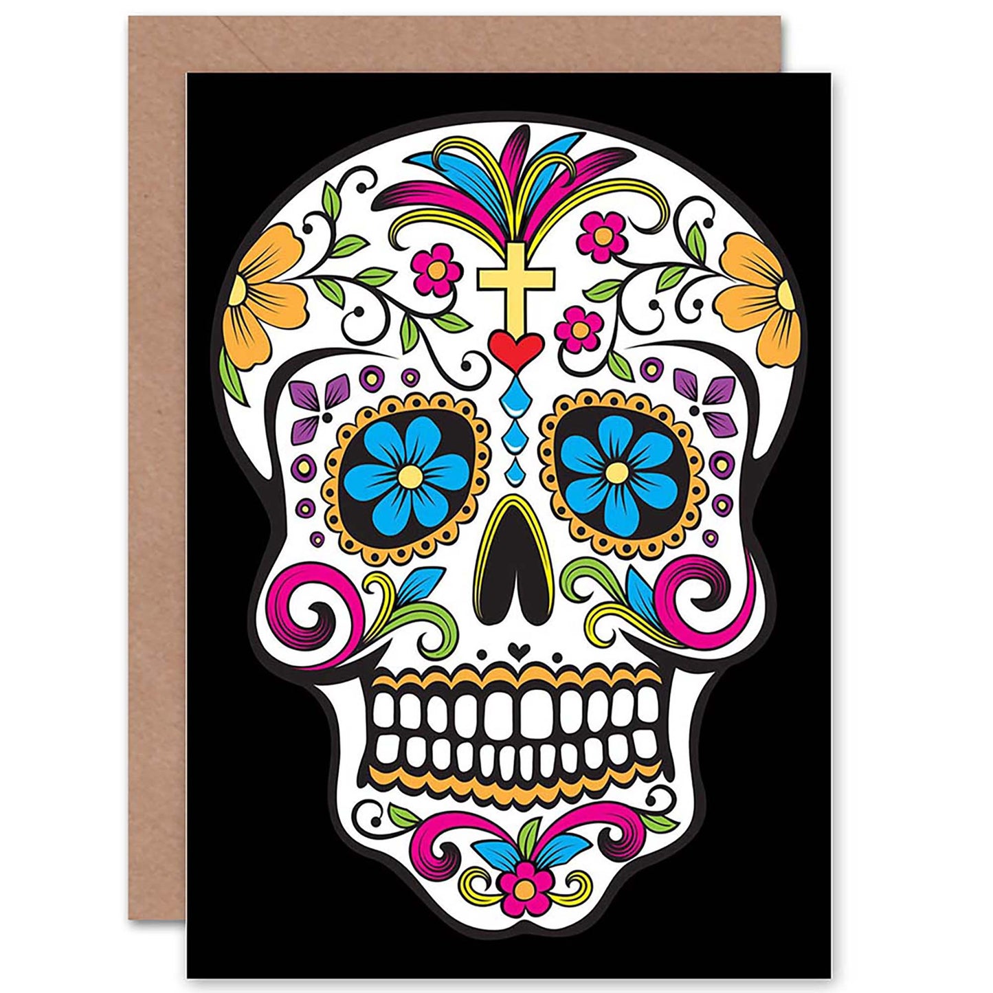 Sugar Skull on Black Day Of The Dead Halloween Card