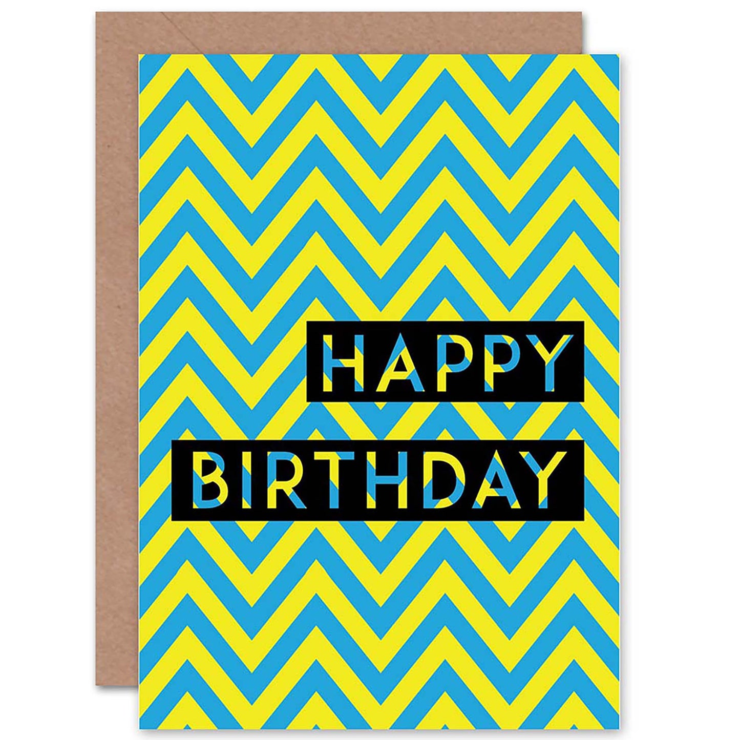 Zig Zag Stripes Retro Blue Yellow Birthday Card