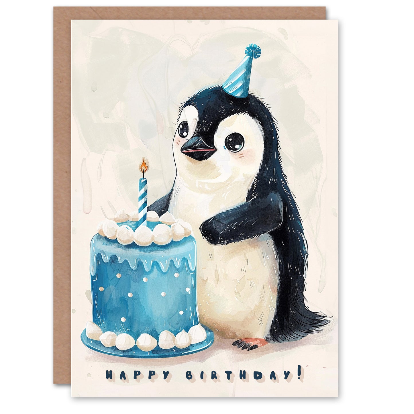 Baby Penguin with Cake Cartoon Cute Kids Birthday Card