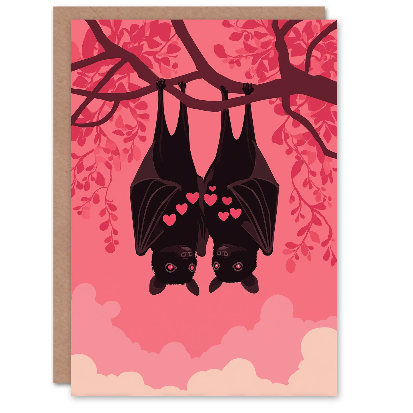 Hanging Bats Animals in Love Modern Illustration Valentine's Day Card