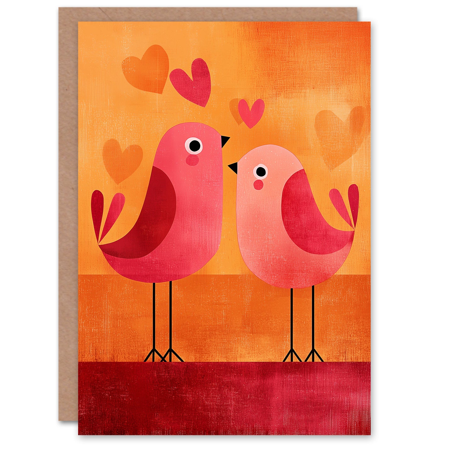 Two Pink Birds Animals in Love Folk Art Illustration Valentine's Day Card