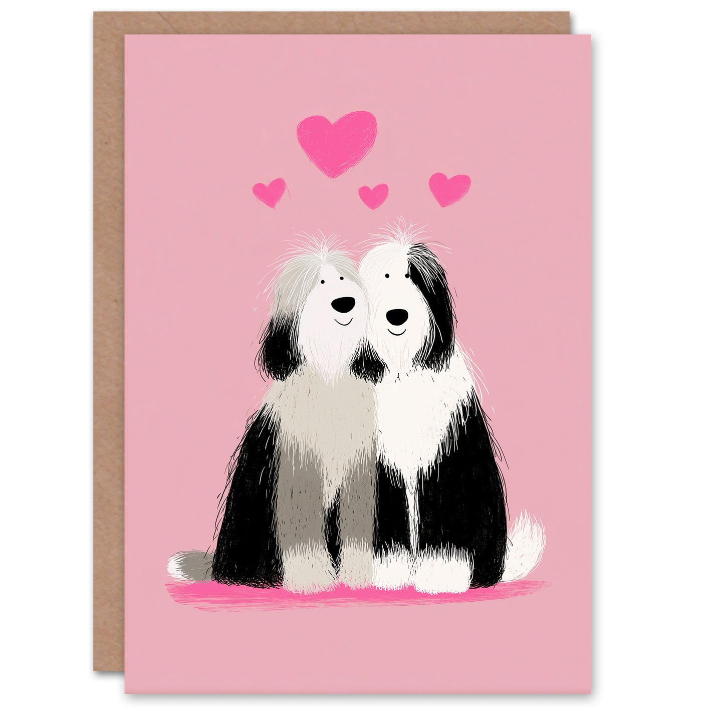 Cute Old English Sheepdogs in Love Illustration Valentine's Day Card