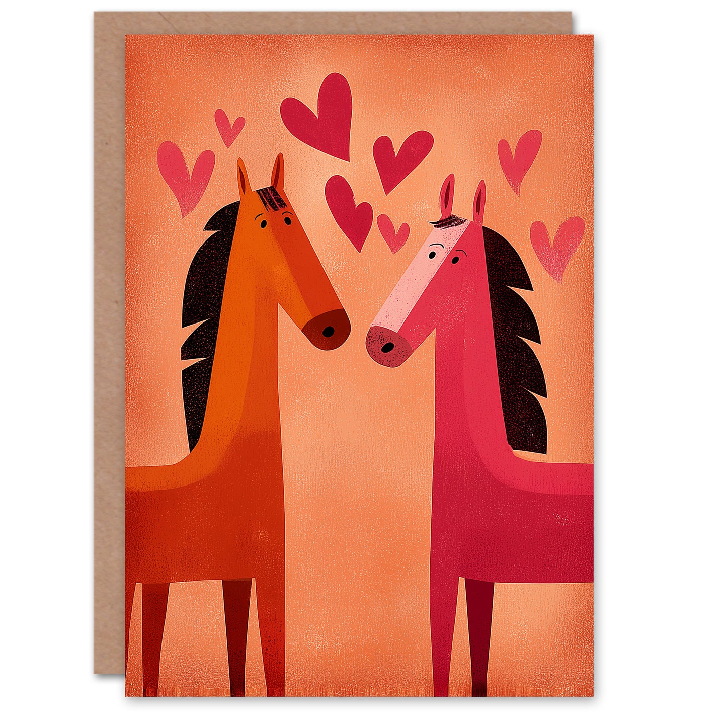 Cute Horse Couple Love Hearts Modern Illustration Valentine's Day Card