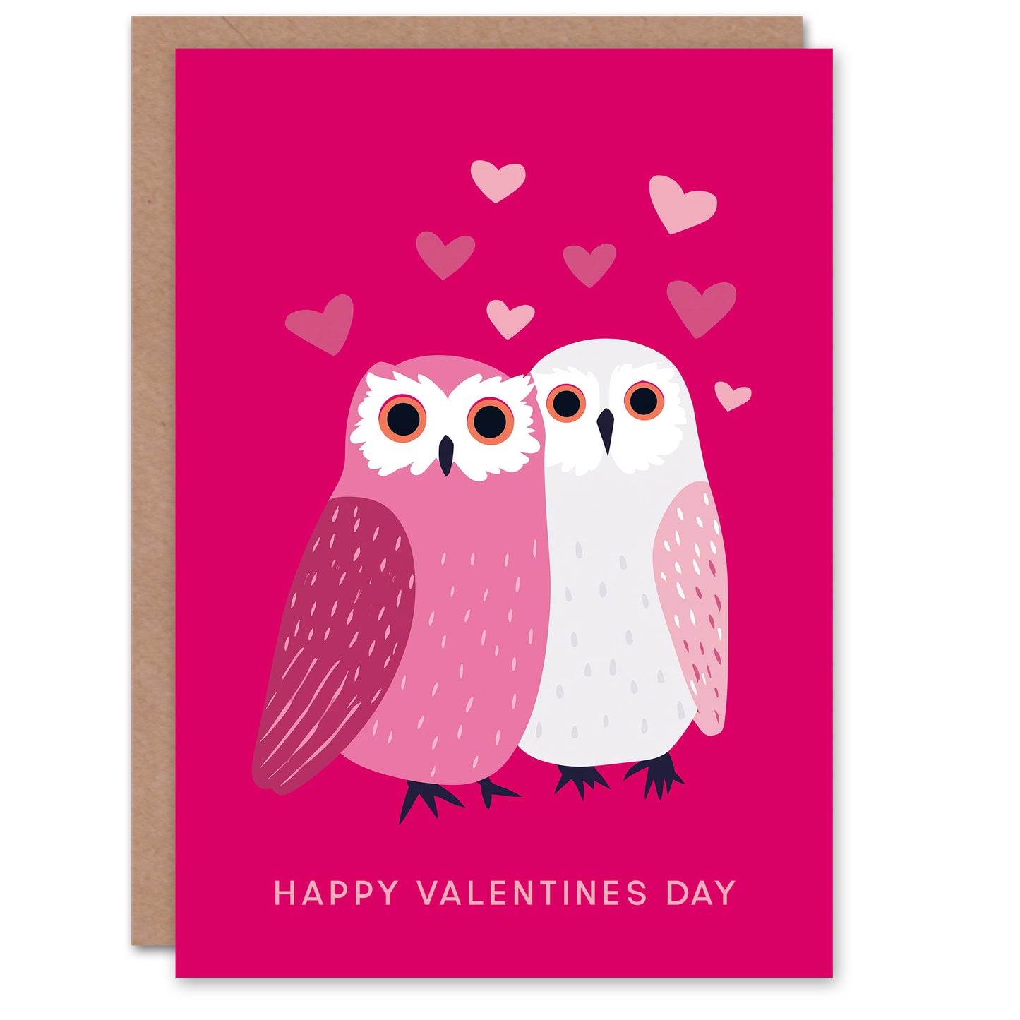 Two Cute Owls Love Birds Hot Pink Modern Folk Art Valentine's Day Card