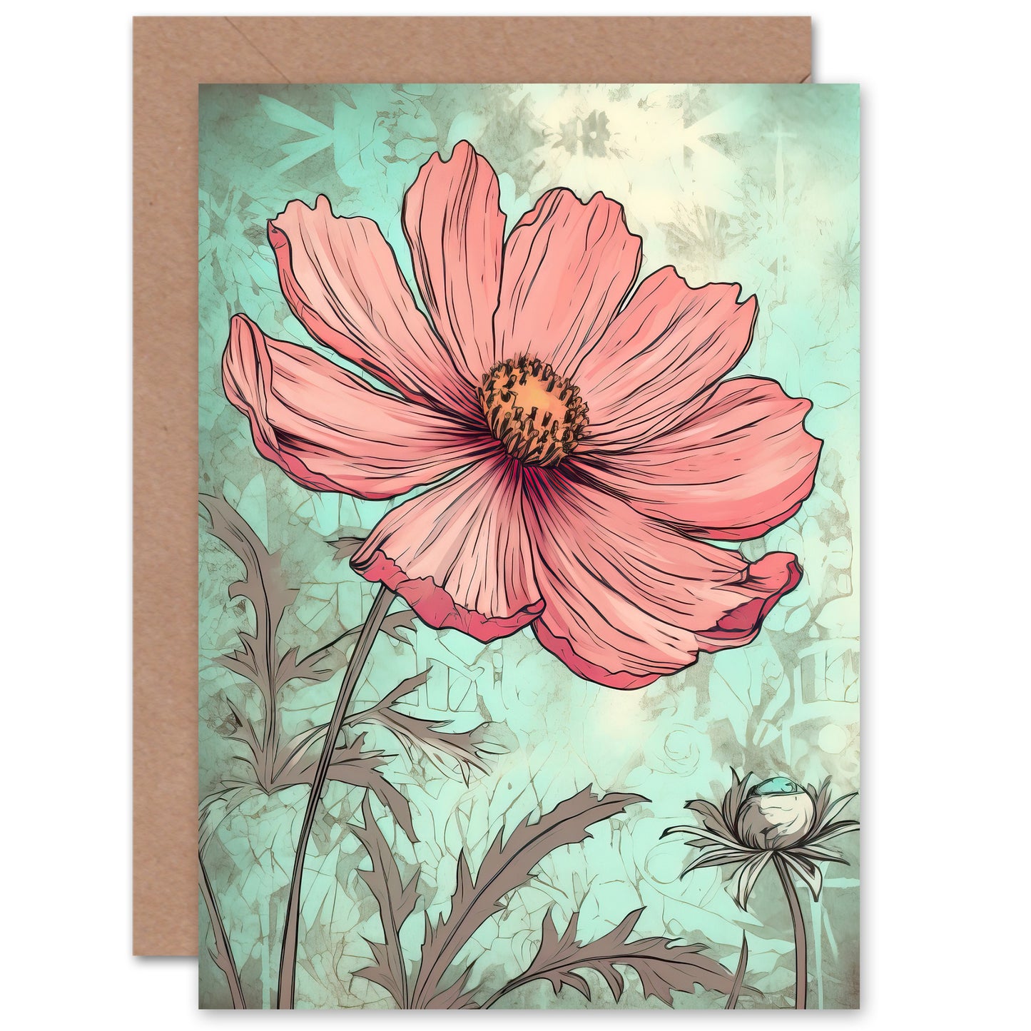 Cosmos Flower Soft Pink Teal Watercolour Mother's day Card