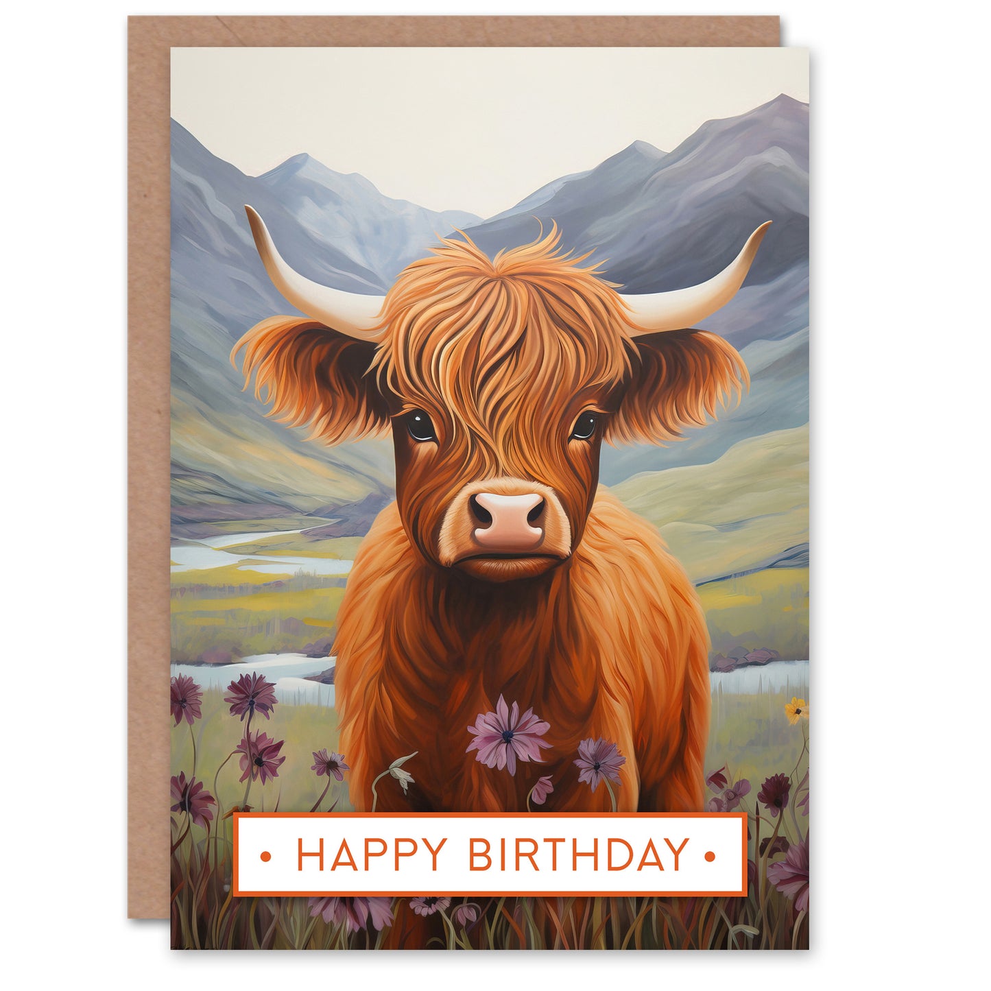 Happy Birthday Cute Highland Cow in Scotland Heather Birthday Card