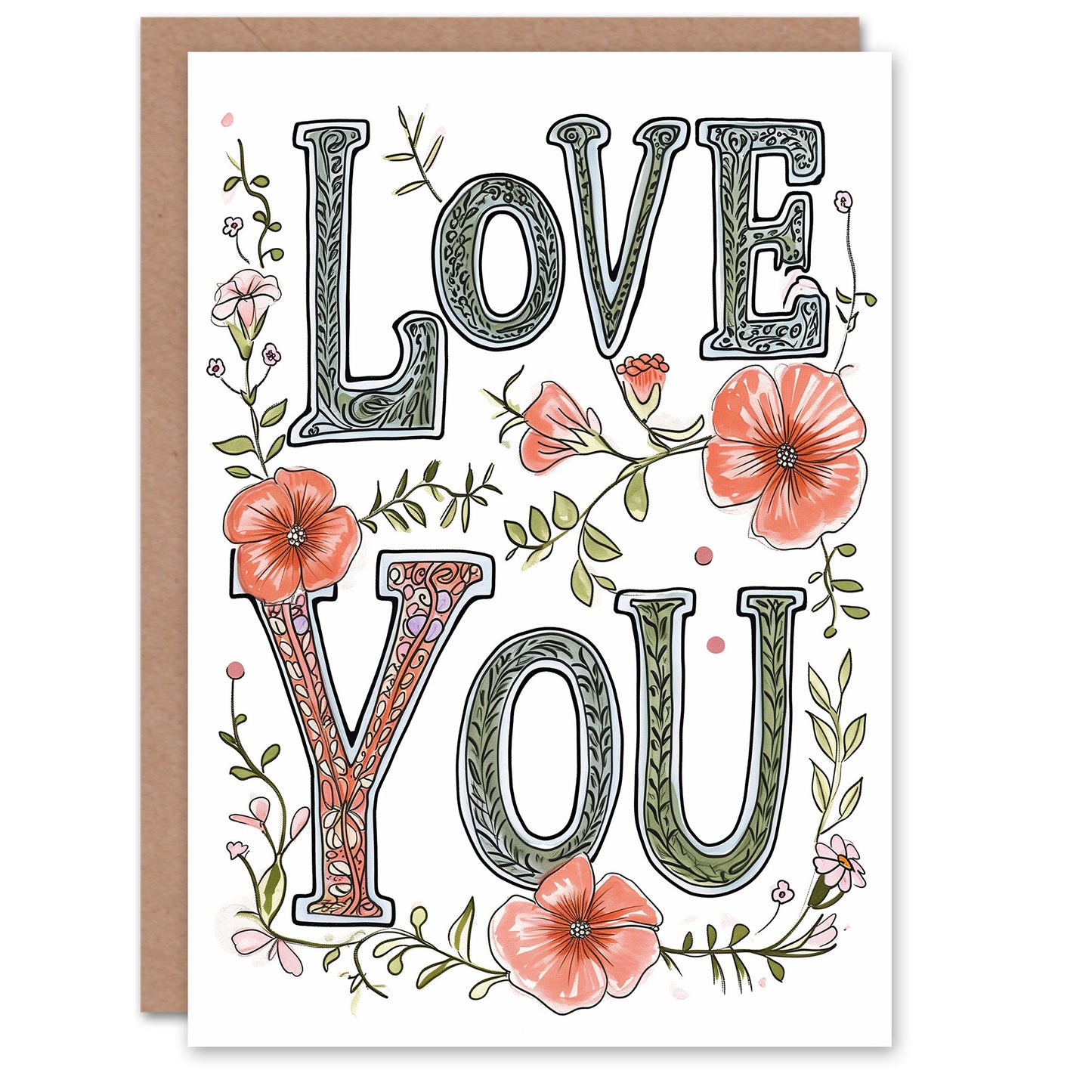 Love You Typography Flowers Romantic Card