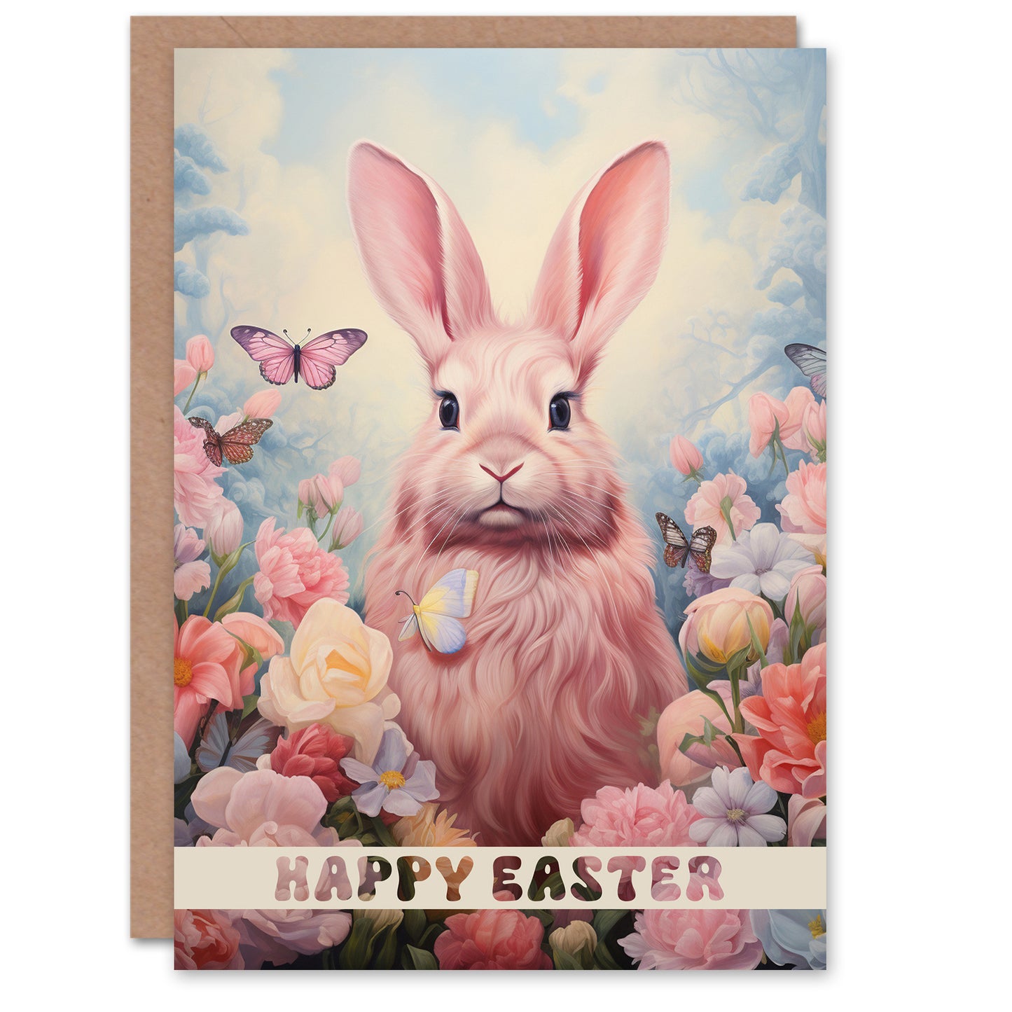 Pink Bunny Butterfly Flowers Rabbit Easter Easter Card