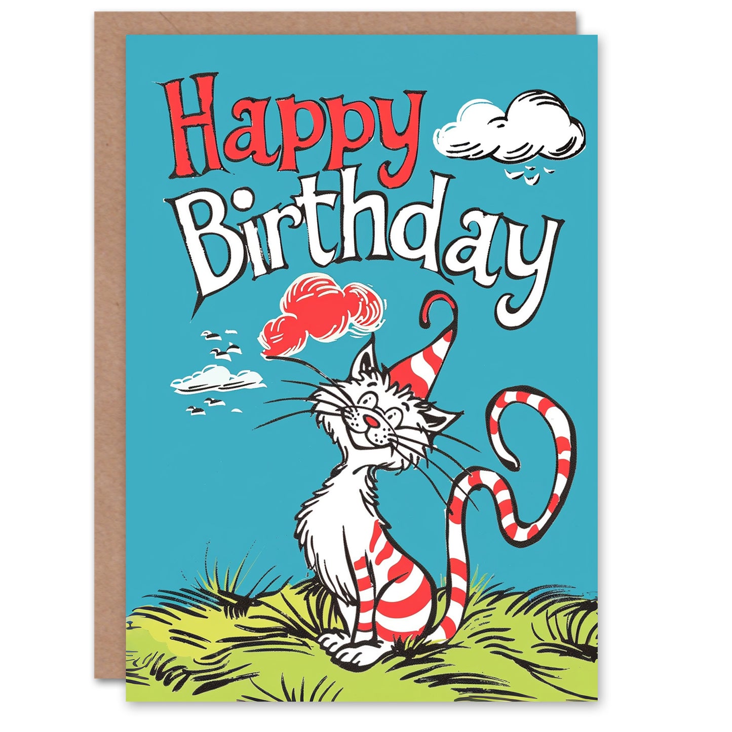 Red Striped Cat Hat Kitty Strange Fun Kids Birthday Card