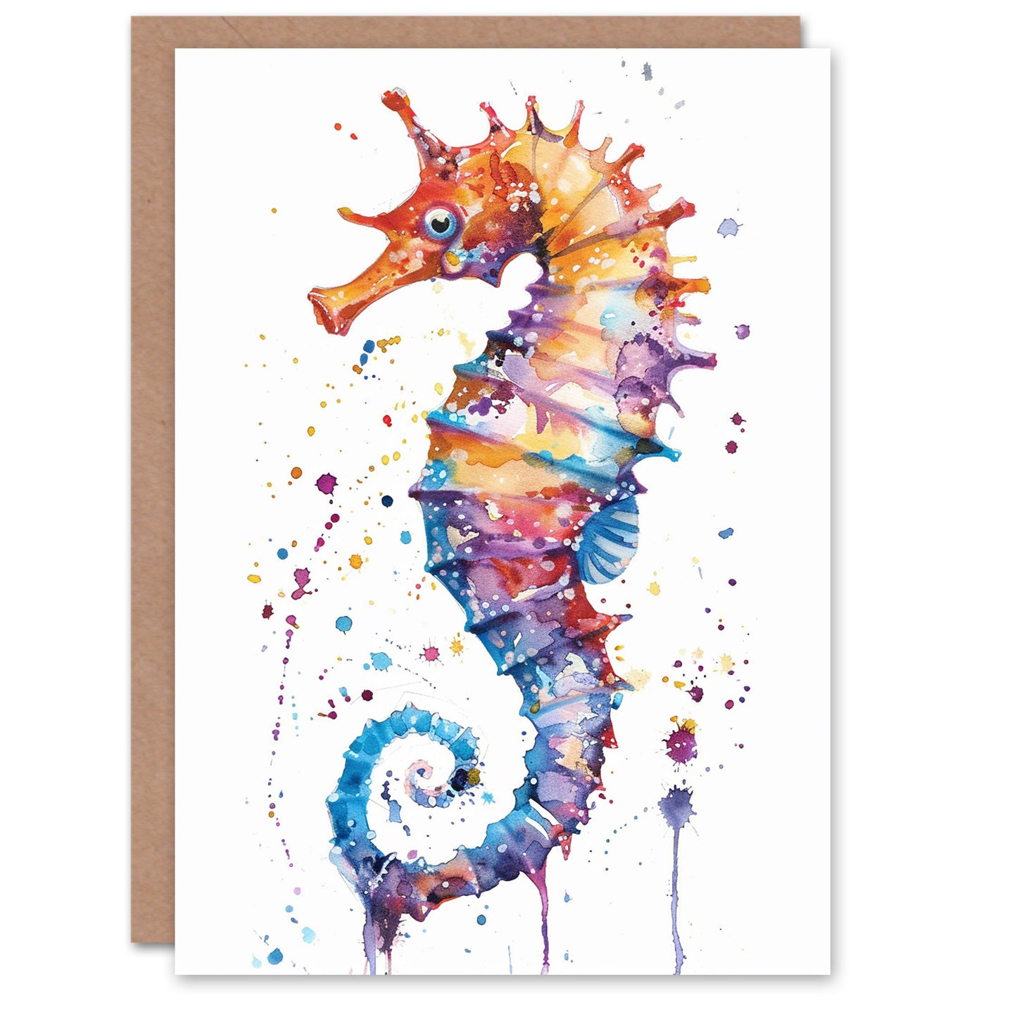 Colourful Seahorse Bright Watercolour Painting Greeting Card