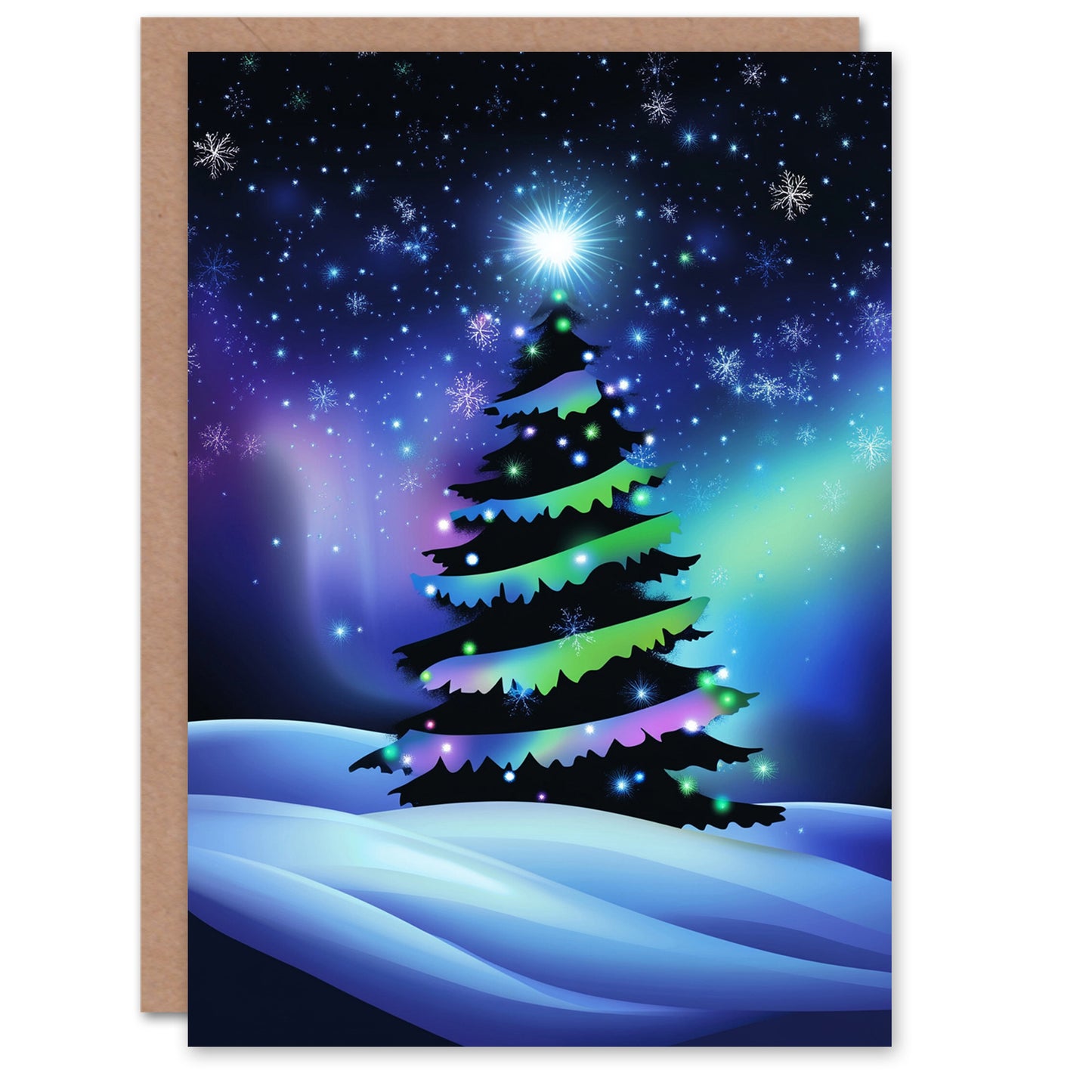 Snow Covered Tree Aurora Borealis Festive Xmas Christmas Card