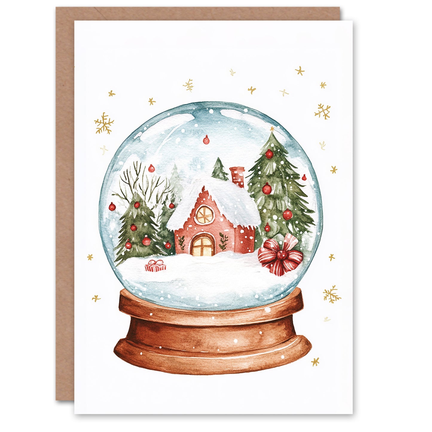 Winter Cabin Decorated Trees Snow Globe Festive Christmas Card