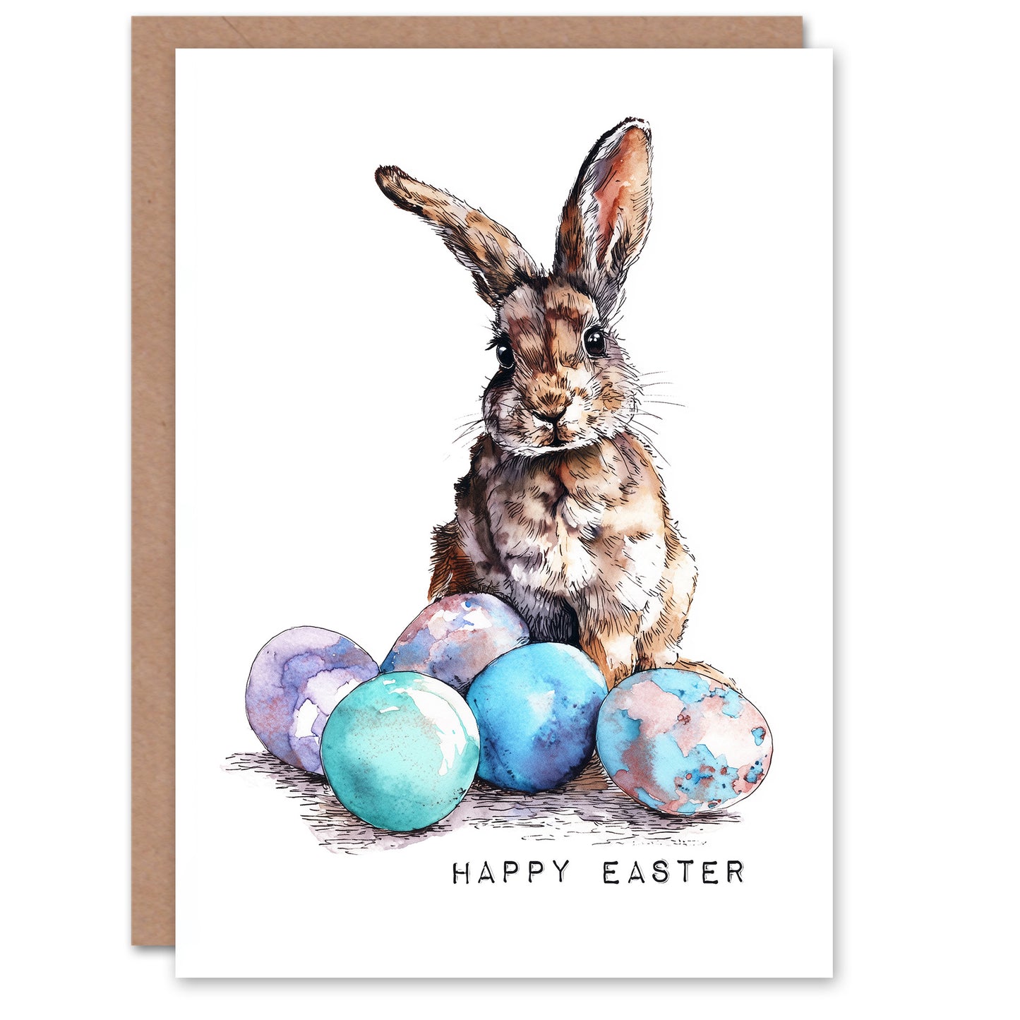 Happy Easter Greeting Card – Bunny with Coloured Eggs, Blank Inside