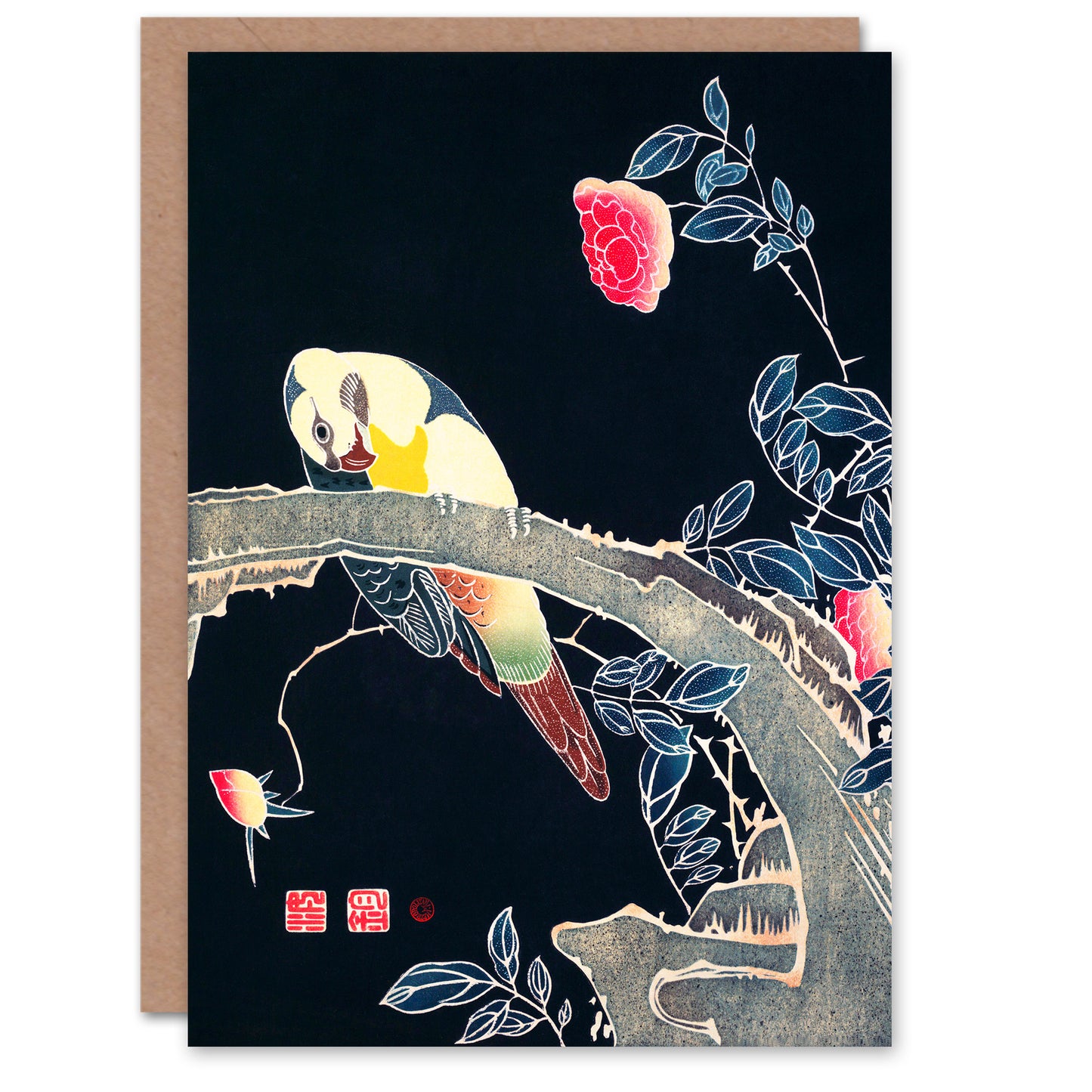 Ito Jakuchu Parrot on Rose Flower Bush Japanese Greetings Card