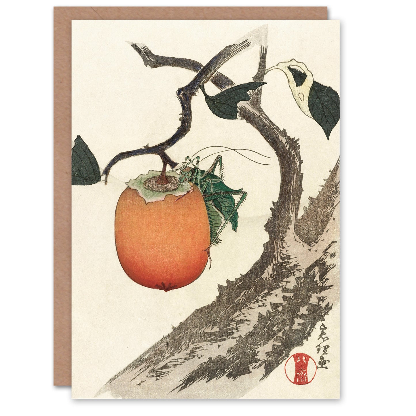 Katsushika Hokusai Japanese Persimmon Fruit With Grasshopper Greetings Card