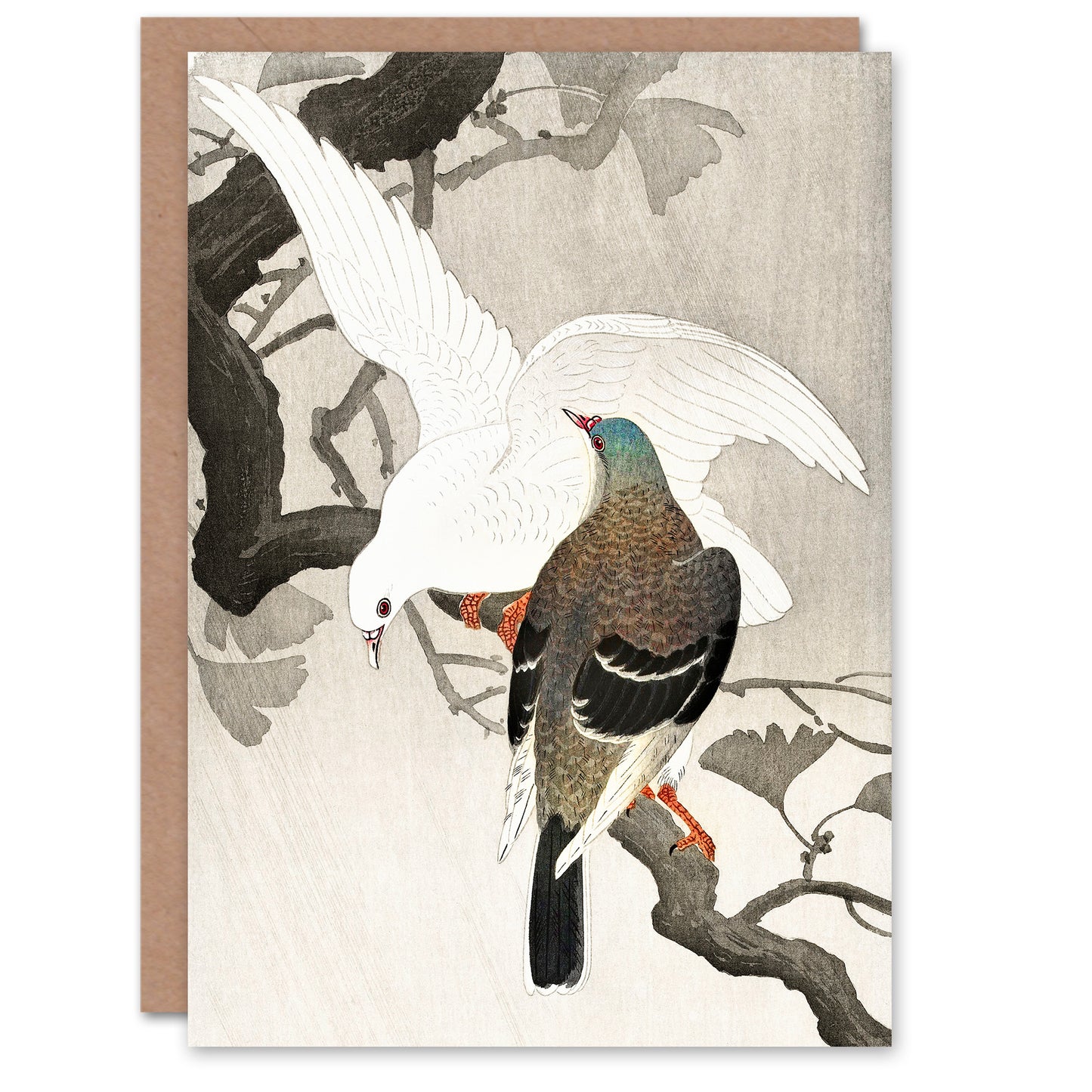Ohara Koson Two Pigeons On A Ginkgo Tree Branch Greetings Card