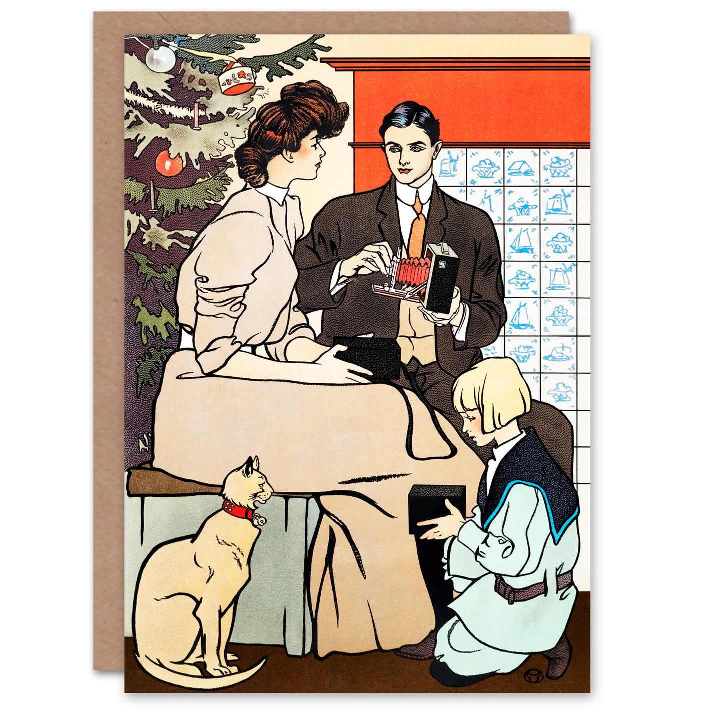 Edward Penfield Vintage Christmas Family Scene Greetings Card