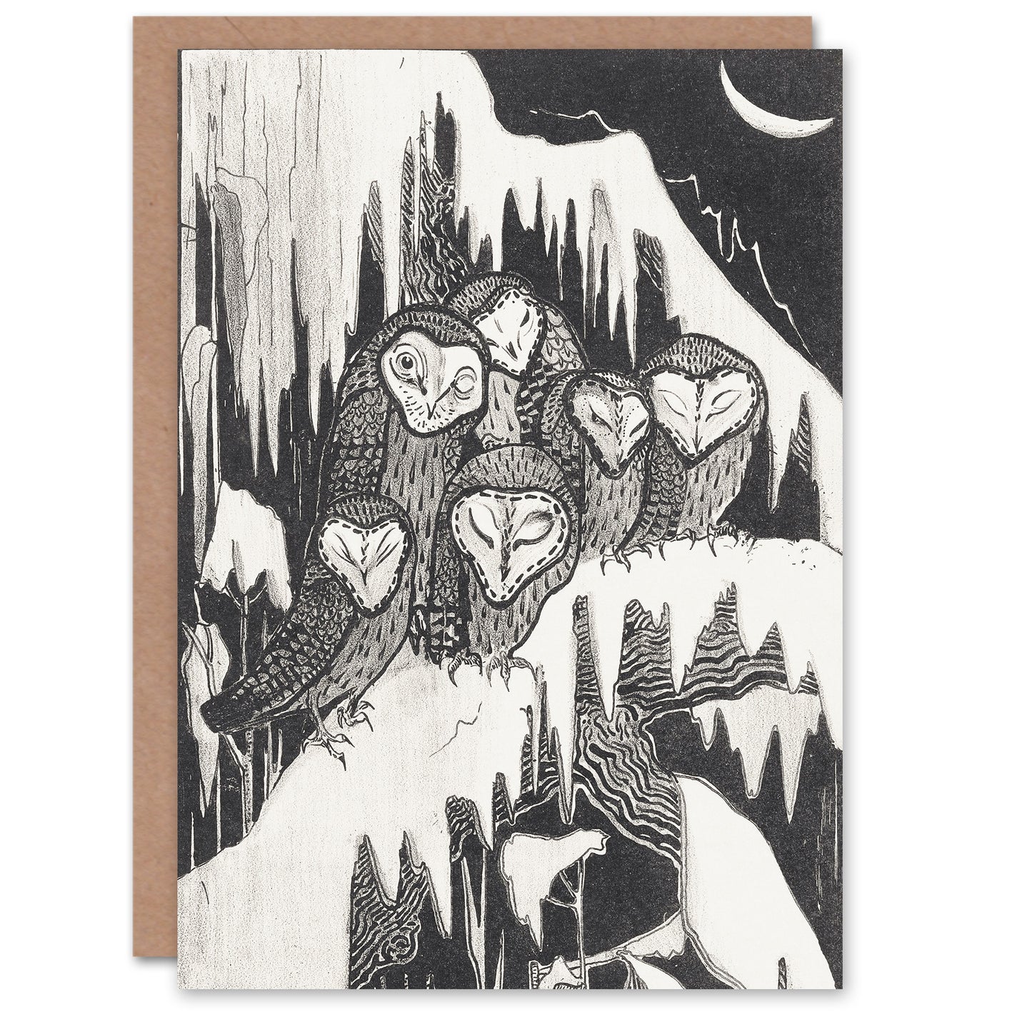 Theo van Hoytema Six Owls on Snow Covered Tree Greetings Card