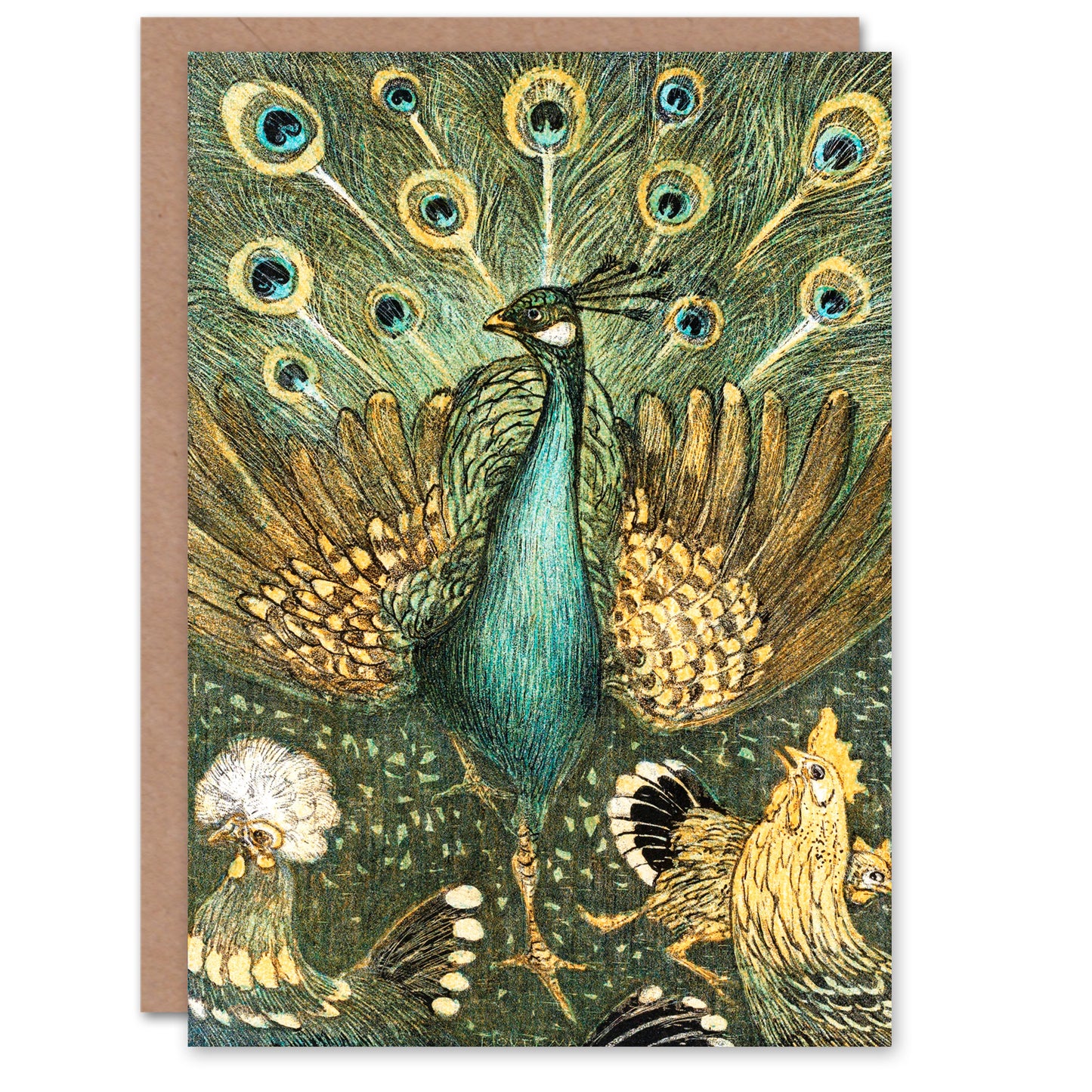 Theo van Hoytema Peacock with Hens Painting Greetings Card