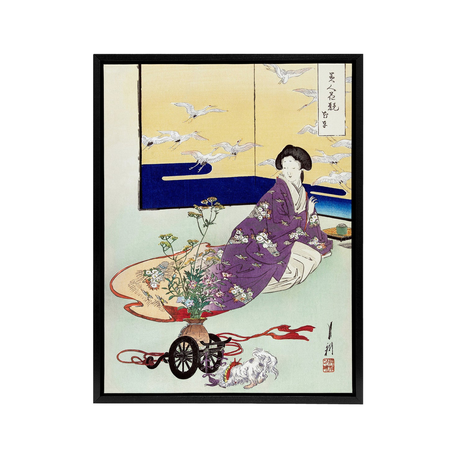 Pet Dog Playing With Flower Cart Framed Canvas Wall Art Print Gekko