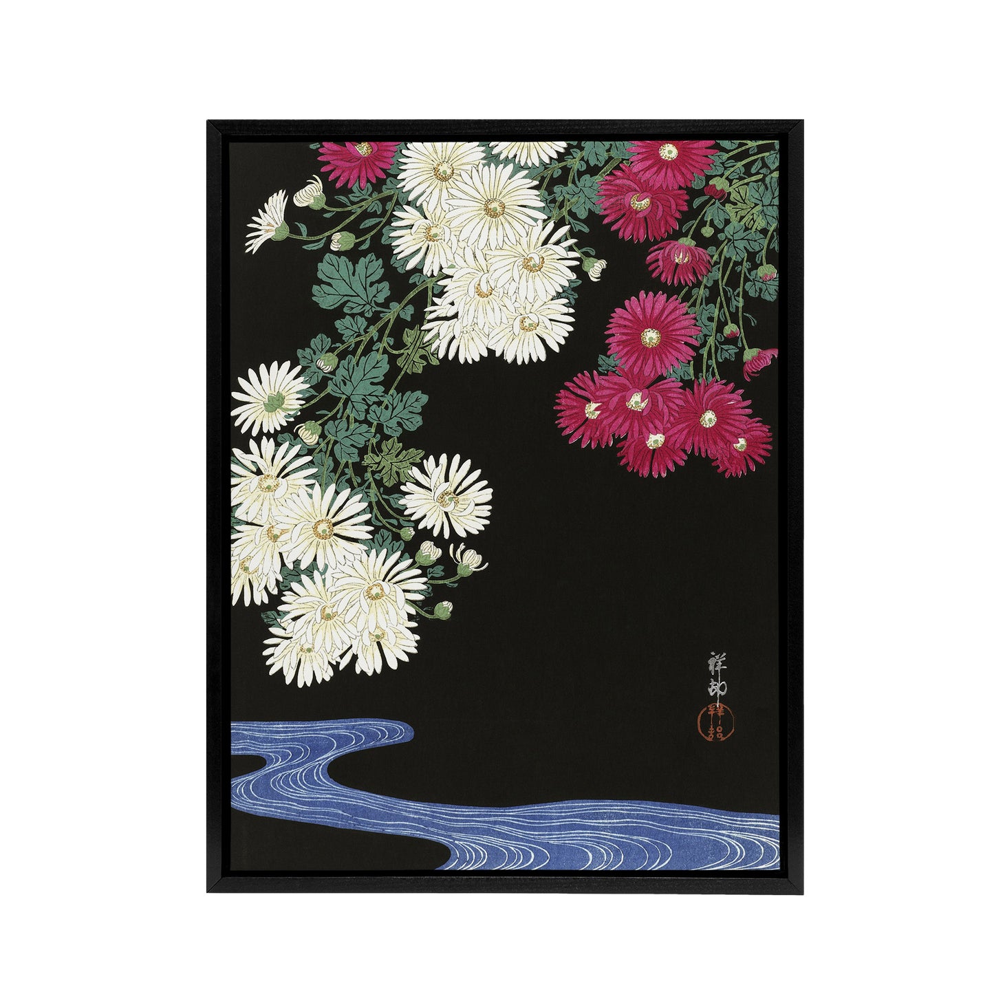 Chrysanthemums and Running Water Framed Canvas Wall Art Print Koson