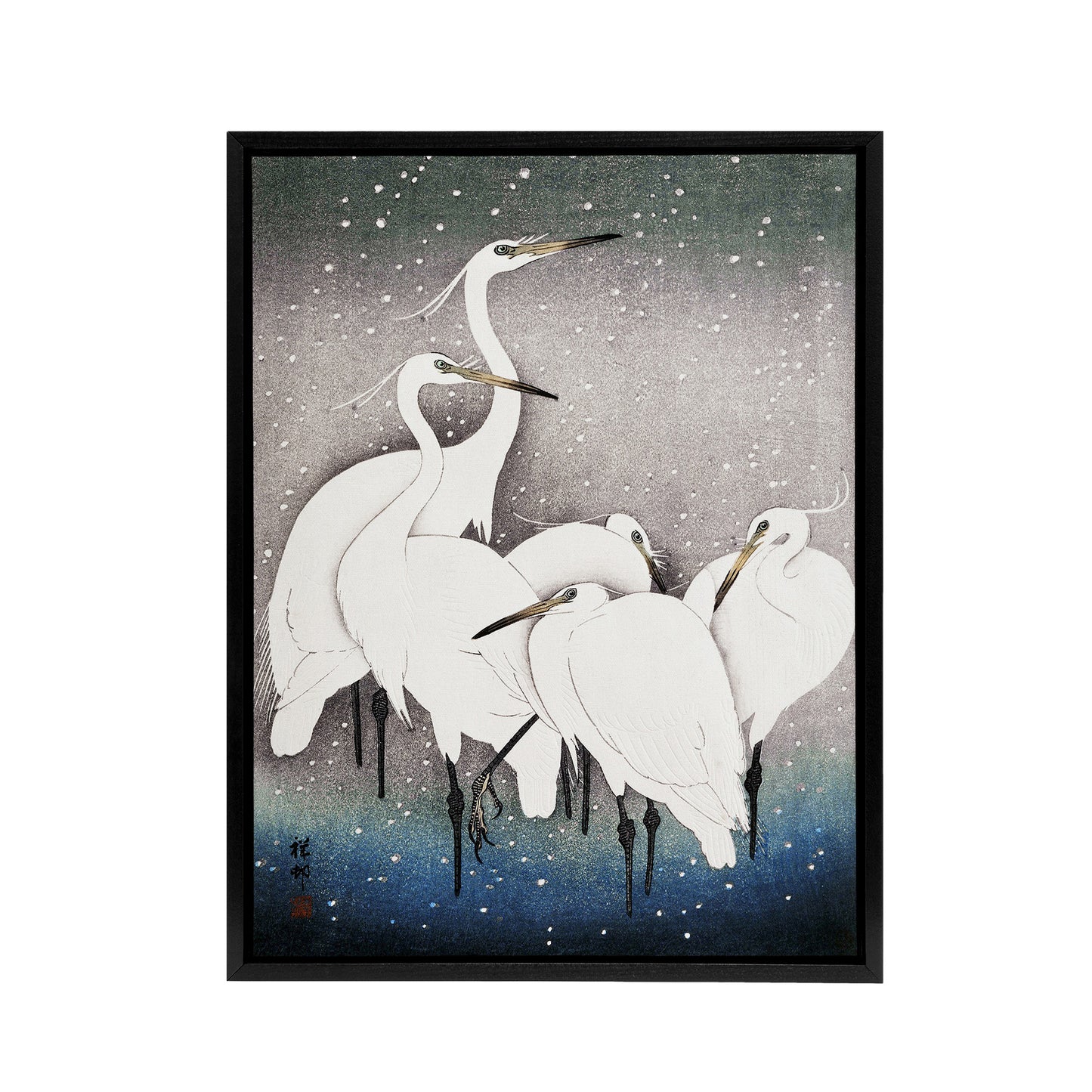 Group Of Egrets in Falling Snow Framed Canvas Wall Art Print Ohara Koson
