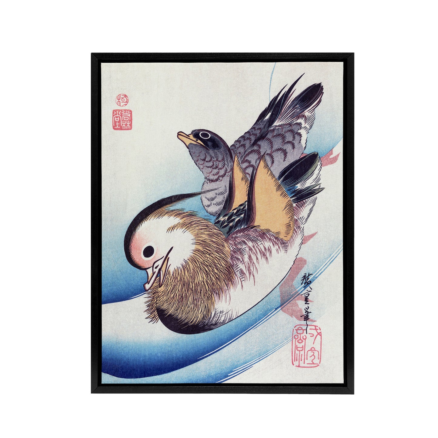 Two Mandarin Ducks in a Lake Framed Canvas Wall Art Print Hiroshige