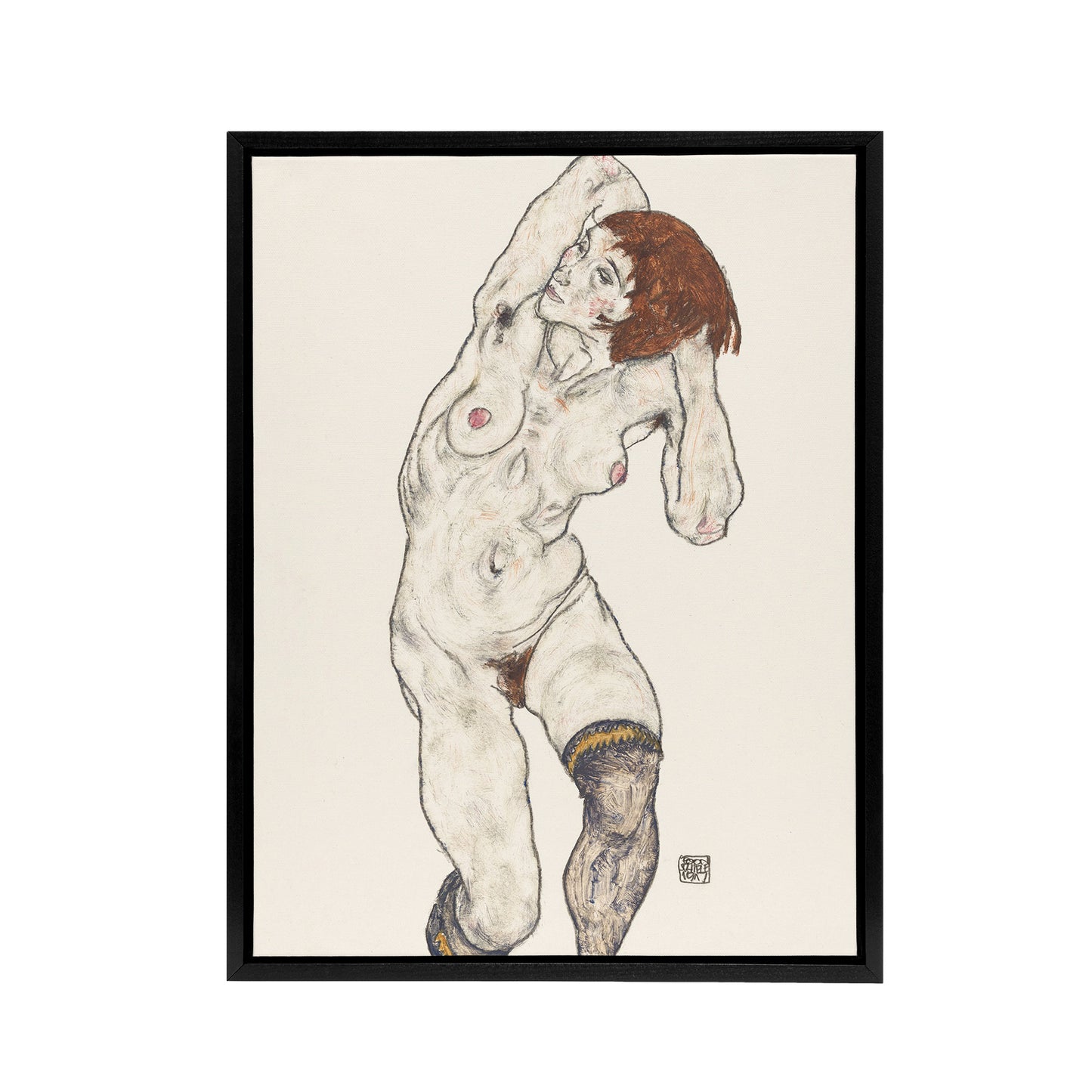 Nude in Black Stockings Portrait Framed Canvas Wall Art Print Schiele