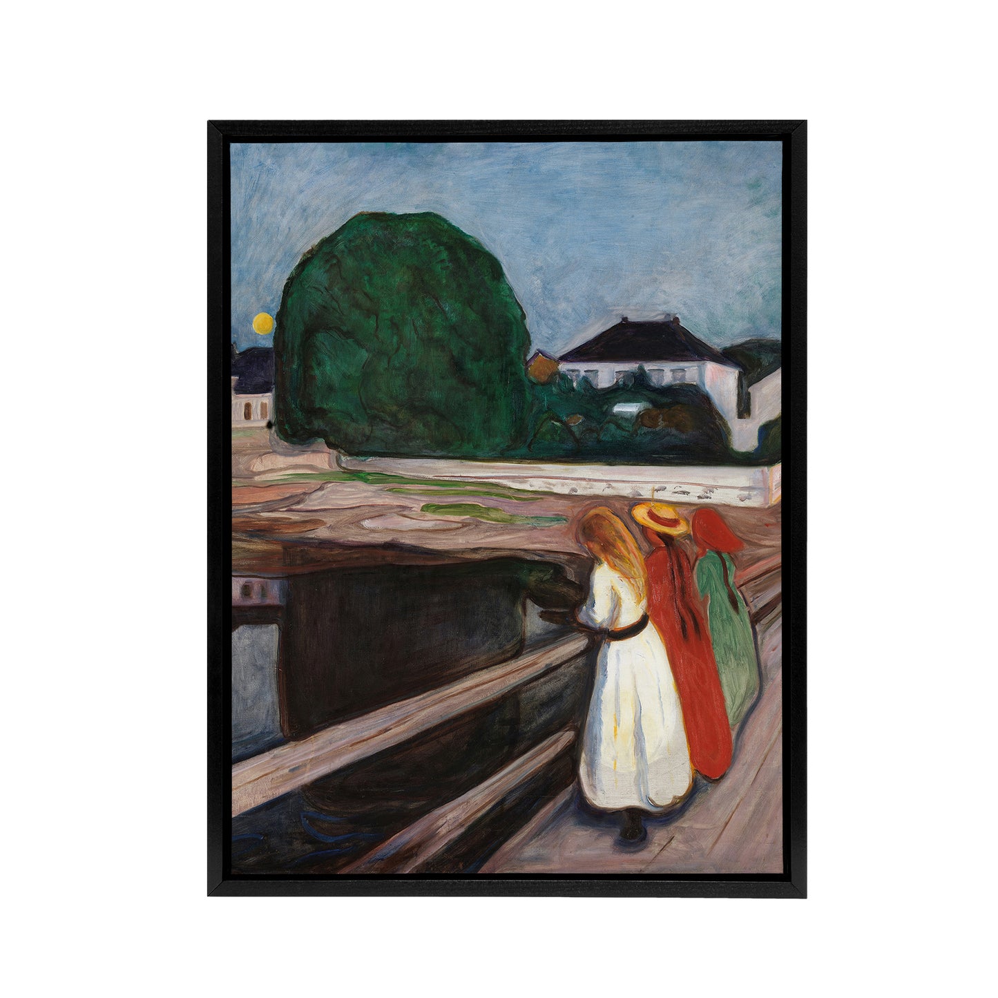 Young Girls on the Bridge Munch Vintage Black Framed Canvas Wall Art