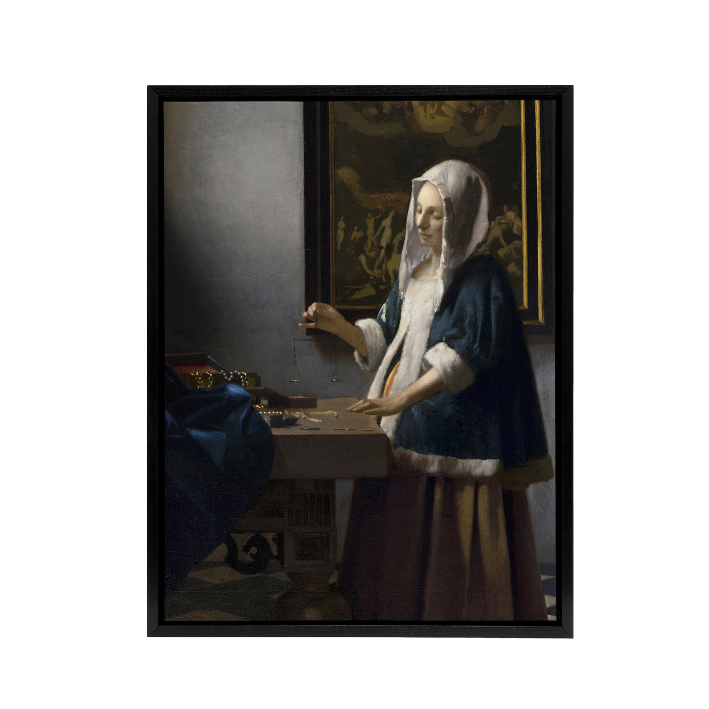 Woman Holding a Balance Vermeer Vintage Black Framed Canvas Wall Art
