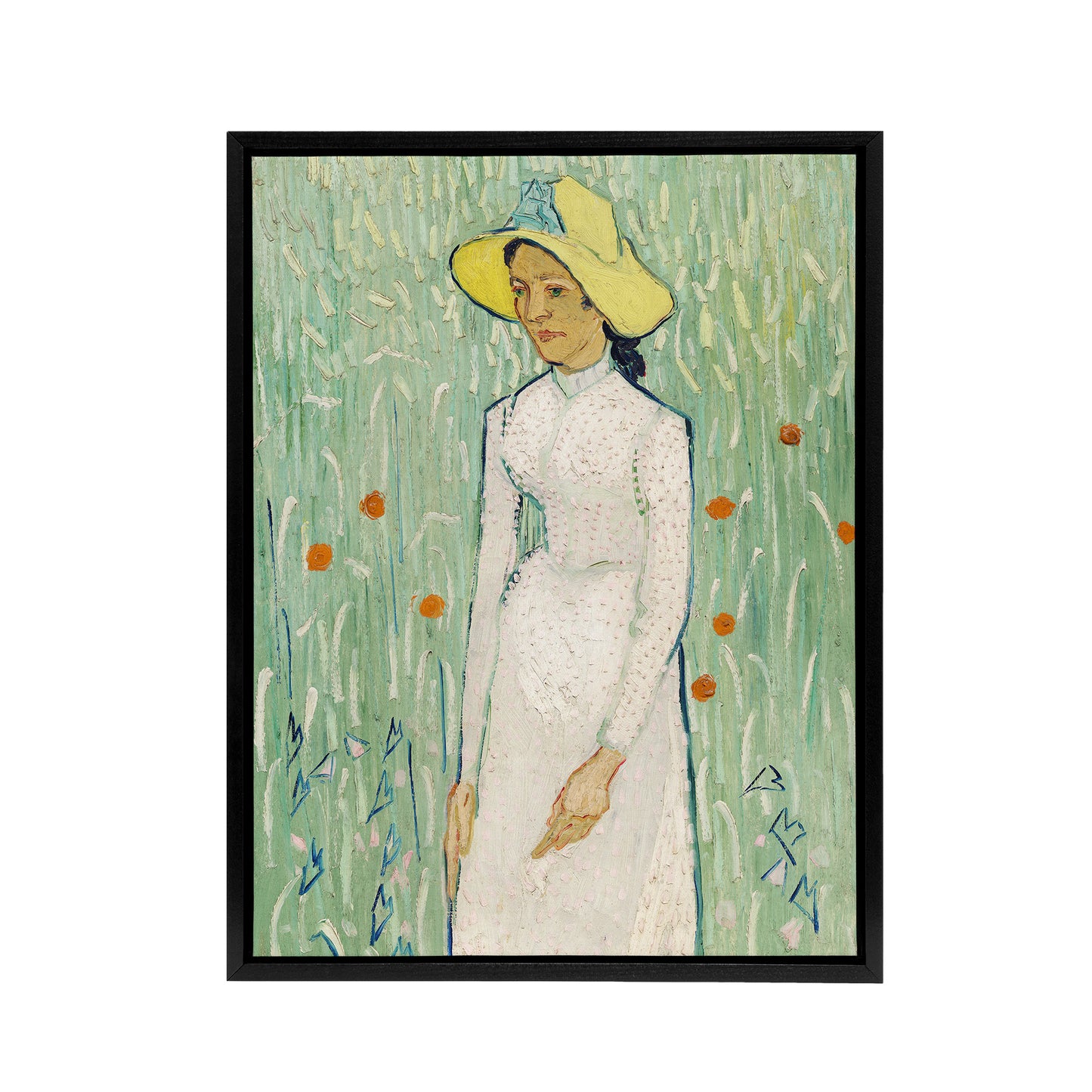 Girl in White Floral Portrait Van Gogh Vintage Framed Canvas Wall Art
