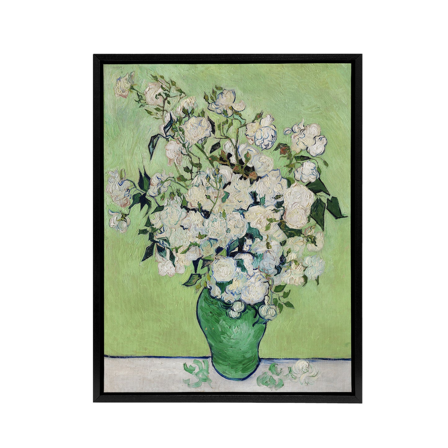 White Roses In Green Vase Van Gogh Vintage Black Framed Canvas Wall Art