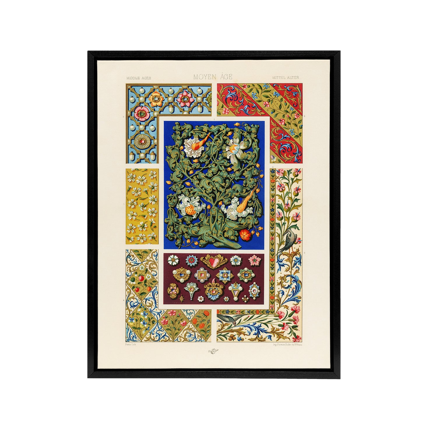 Floral Middle Ages Patterns Racinet Vintage Black Framed Canvas Wall Art