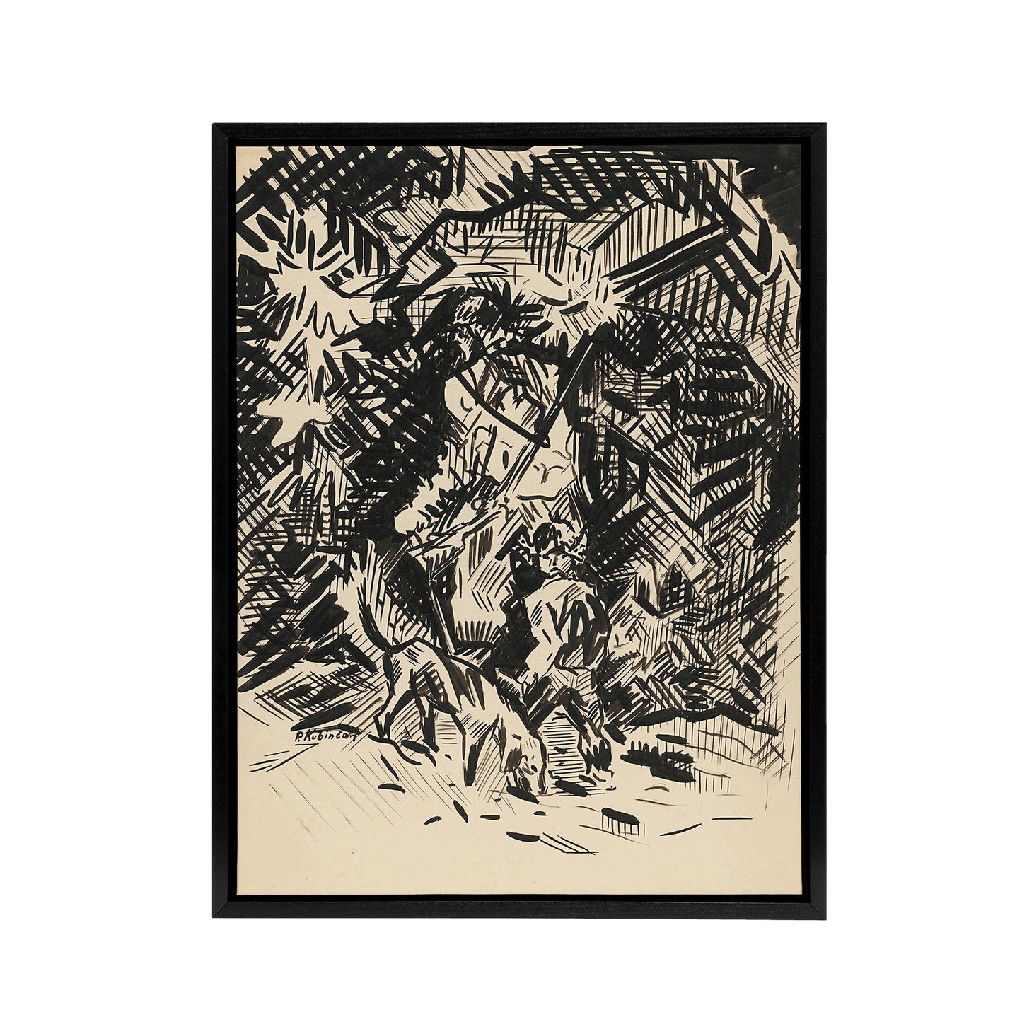 Hunter With Child And Hound Kubincan Black Framed Canvas Wall Art Print