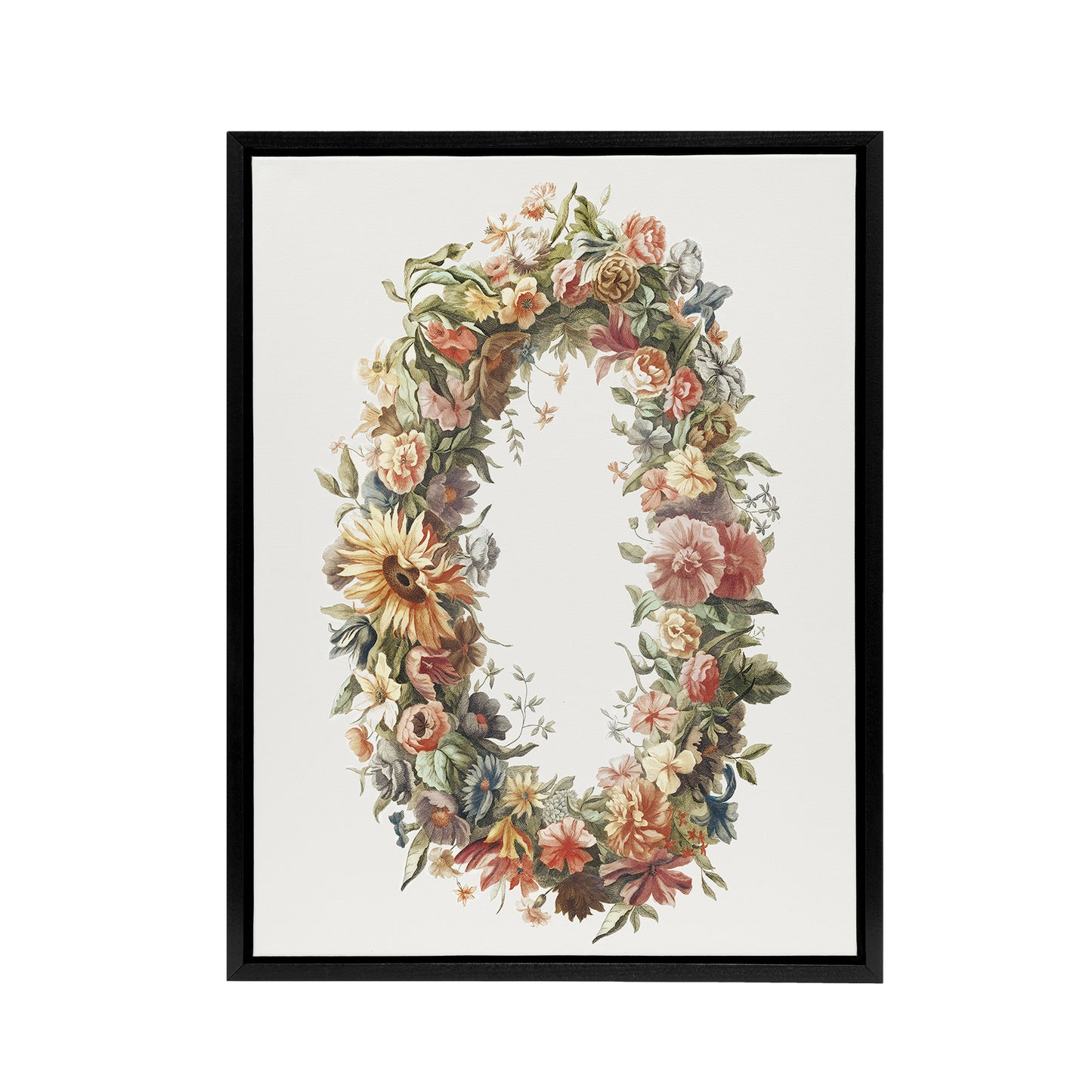 Summer Flower Wreath Illustration Teyler Black Framed Canvas Wall Art