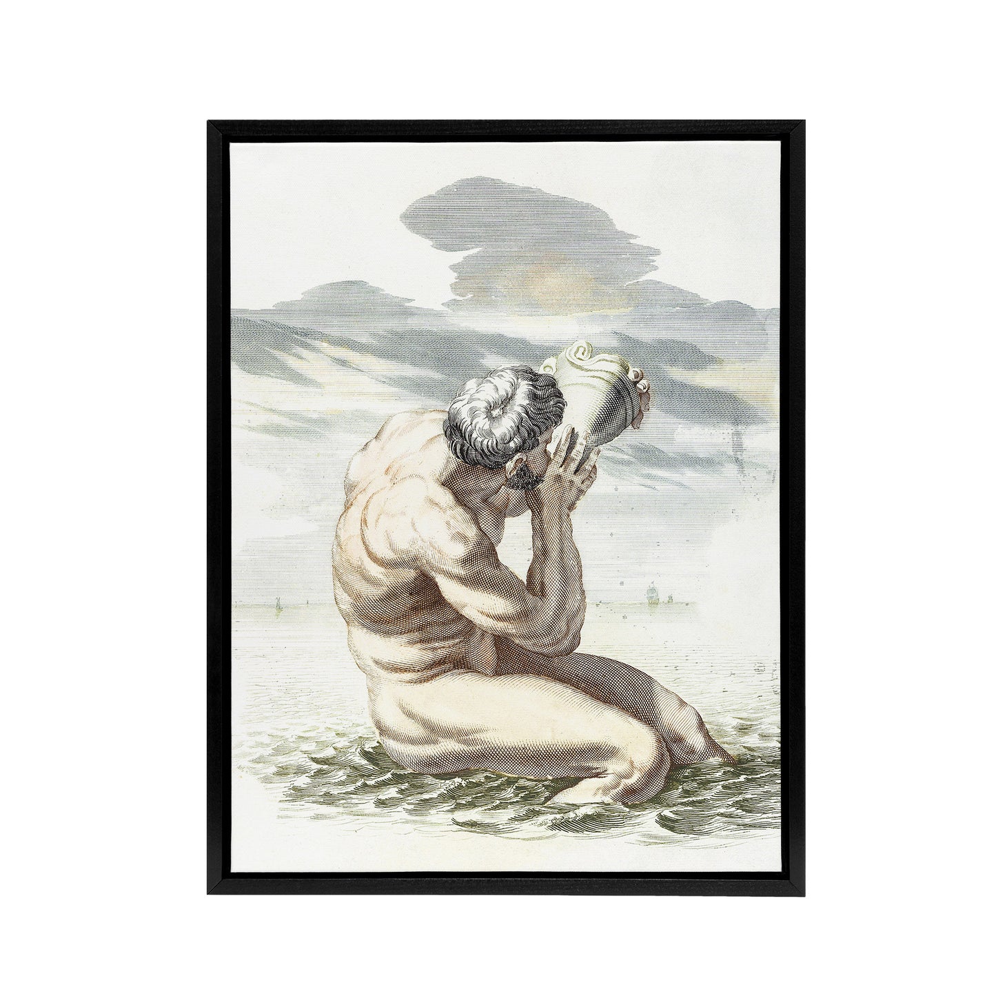 Triton Blows On The Conch Shell Johan Teyler Black Framed Canvas Wall Art