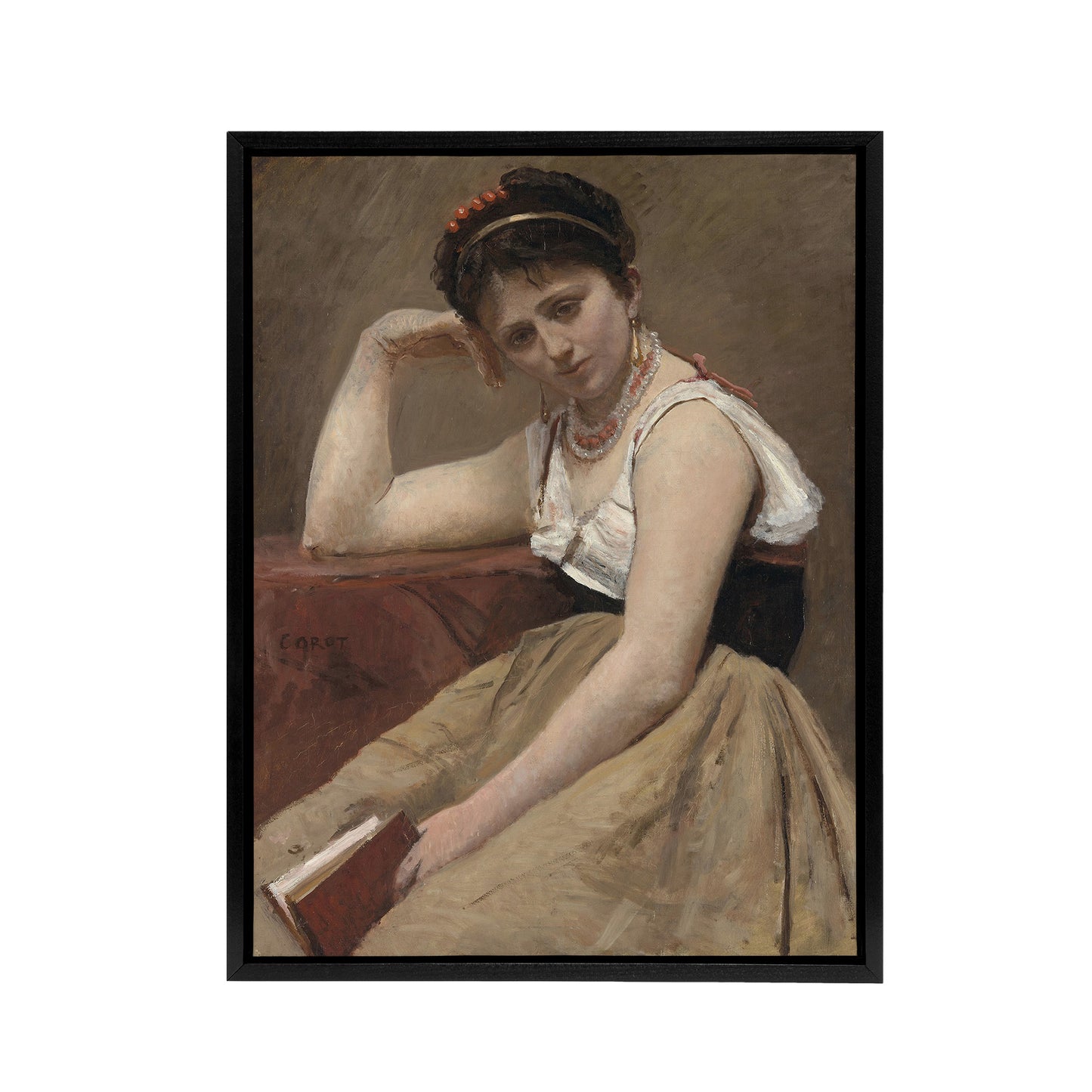 Camille Corot Interrupted Reading Woman Portrait Black Framed Canvas Art Print