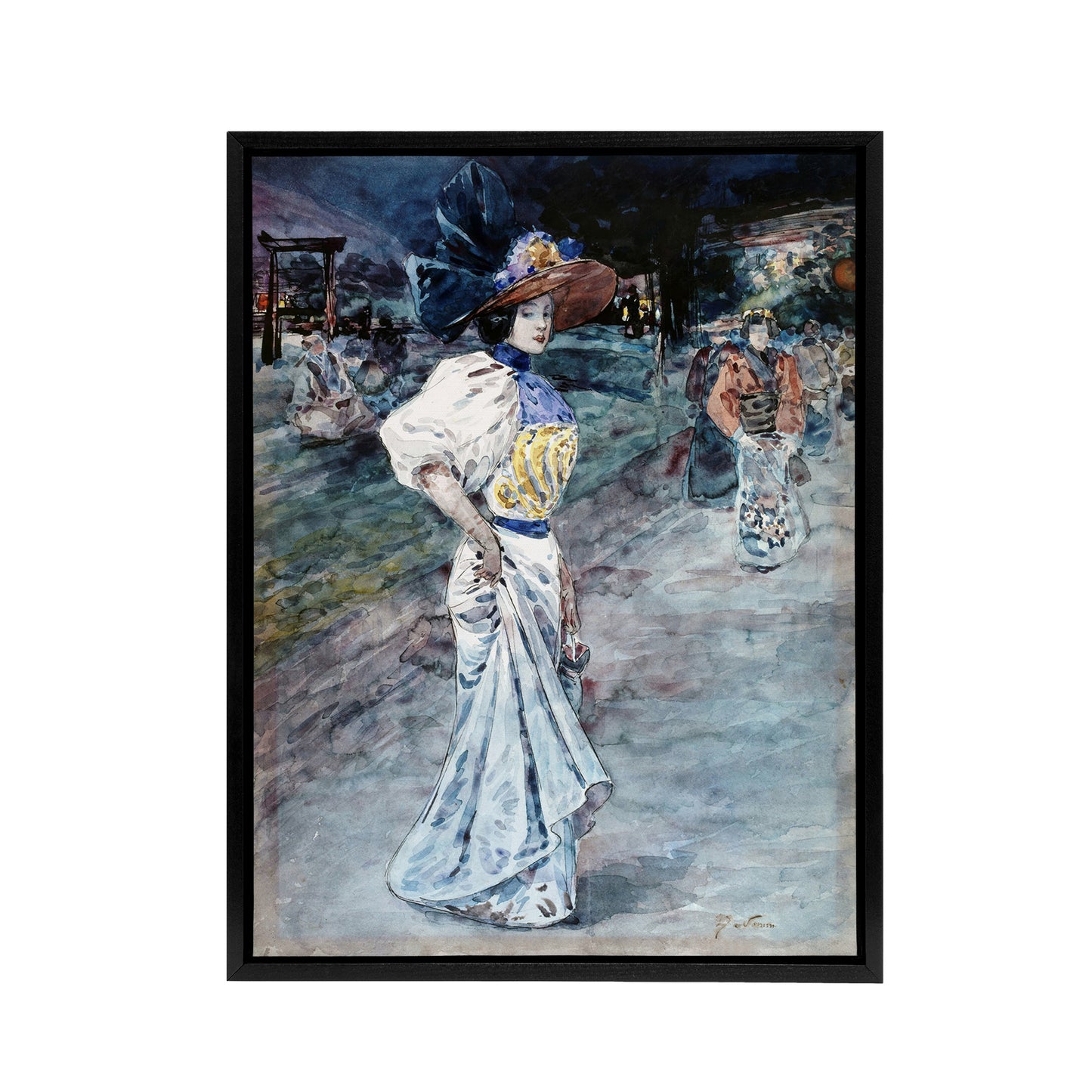Henry Somm Elegant in a Japanese Garden Watercolour Black Framed Canvas Art