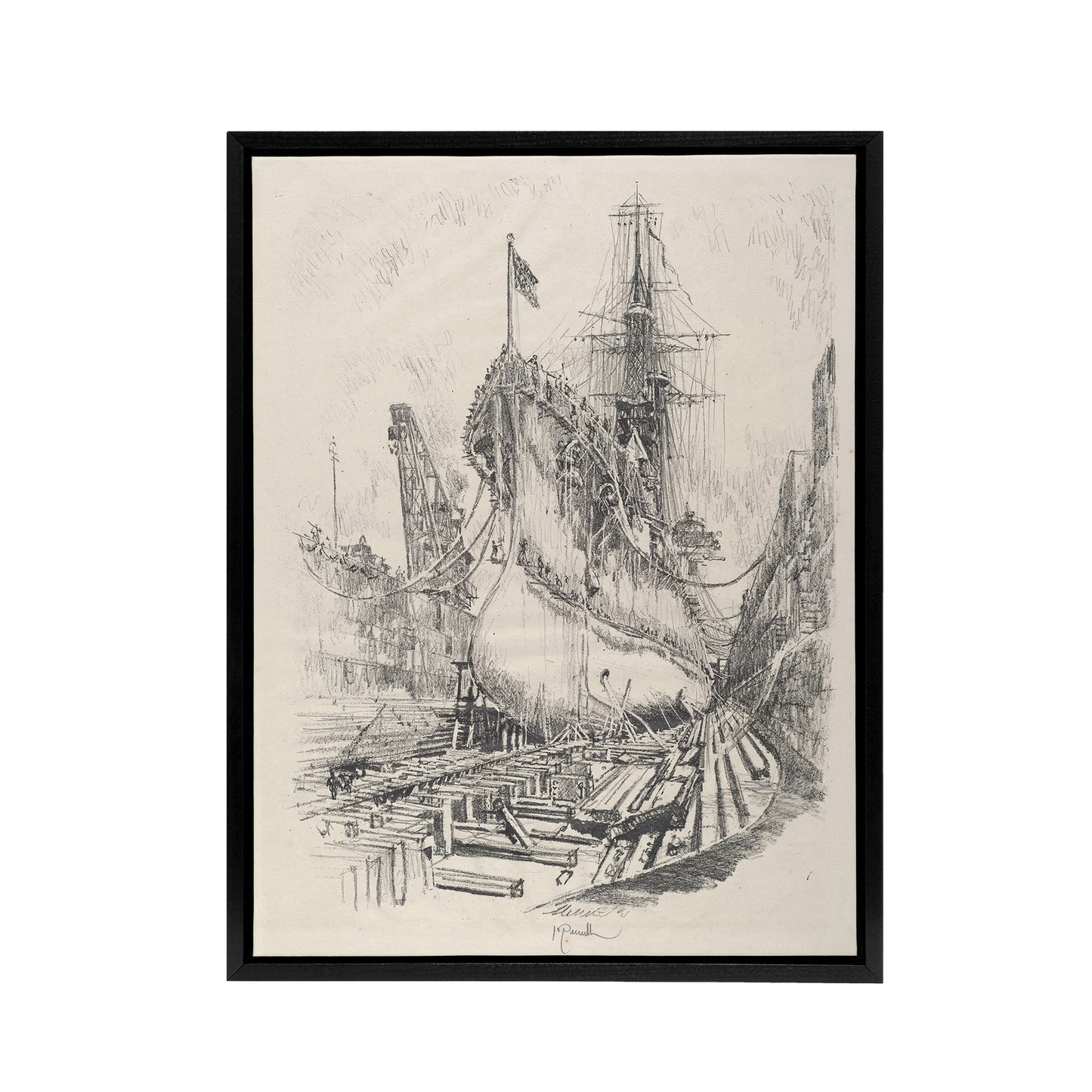 Joseph Pennell Large Warship In the Dry Dock Black Framed Canvas Wall Art Print