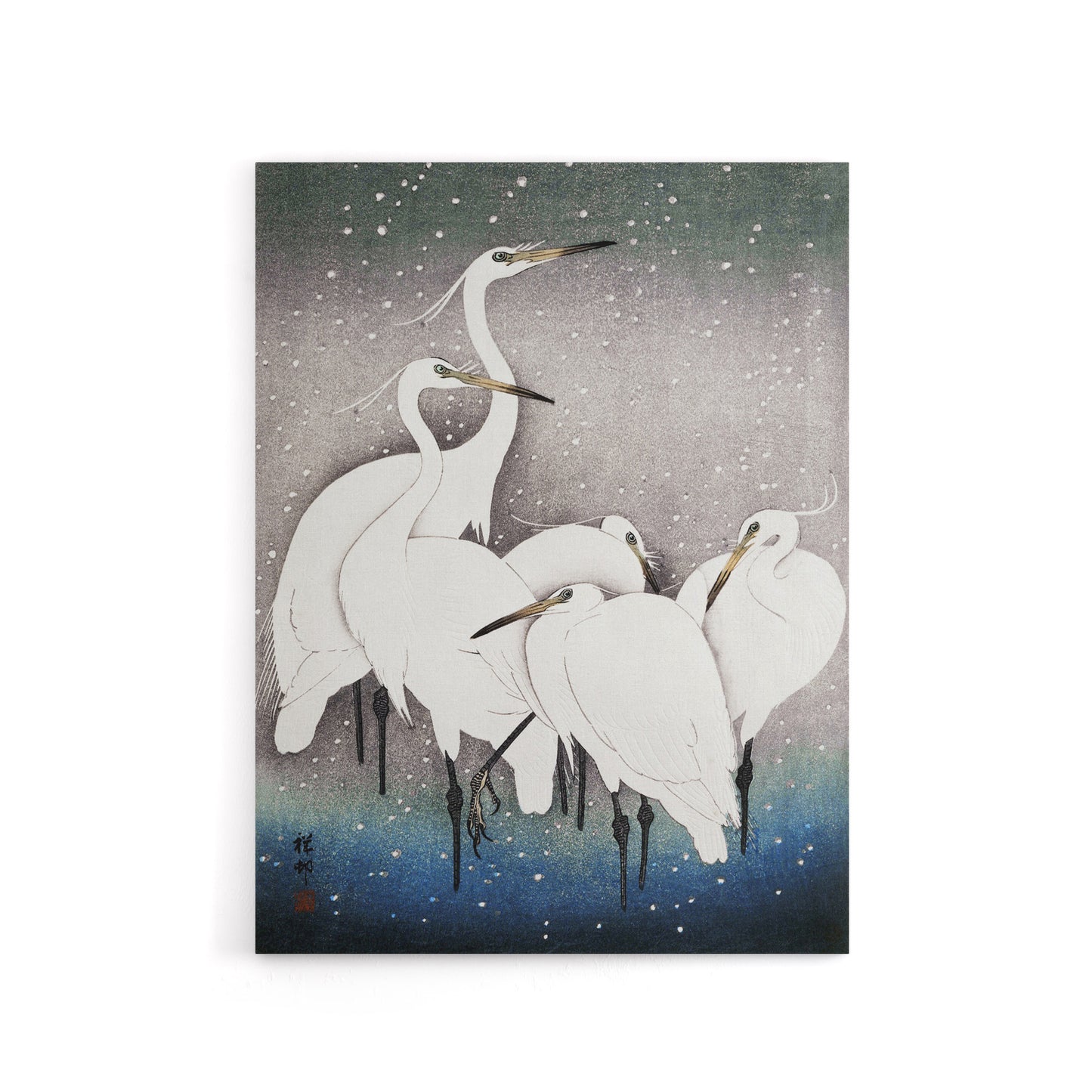 Group Of Egrets in Falling Snow Canvas Wall Art Print Ohara Koson
