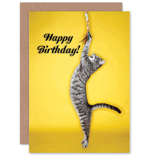 Playful Cat Lover Pet Tabby Yellow Happy Birthday Card