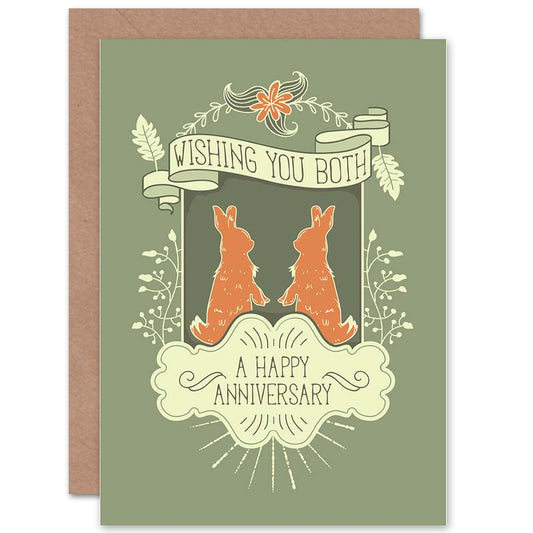 Rabbits Vintage Style Banner Green Anniversary Card