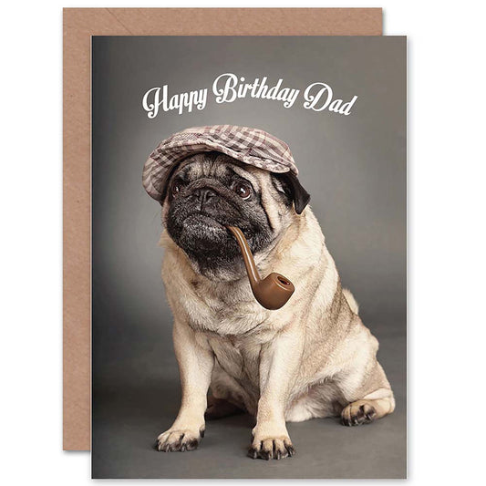 Happy Birthday Dad Cute Pug Sherlock Pipe Birthday Card
