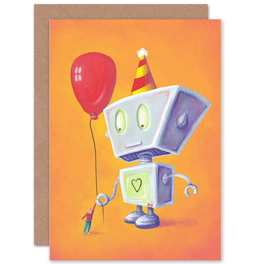 Cute Robot Party Hat And Balloon Kids Kids Birthday Card