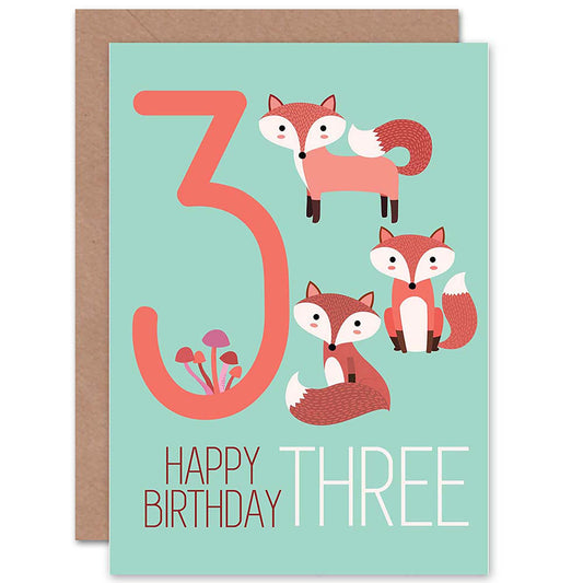Cute Fun Foxes Age 3 Kids Birthday Card
