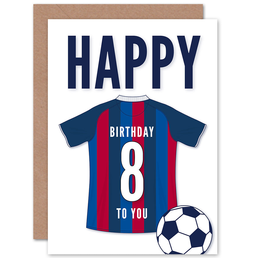 Blue Red Striped Football Strip Kit Jersey Age Birthday Card