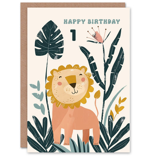 Cute Happy Lion Jungle Flowers Kids Birthday Card