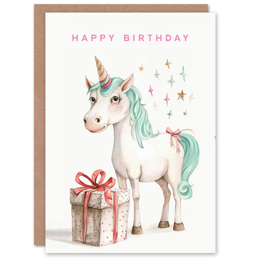 Cute Unicorn Stars Present Fun Kids Birthday Card