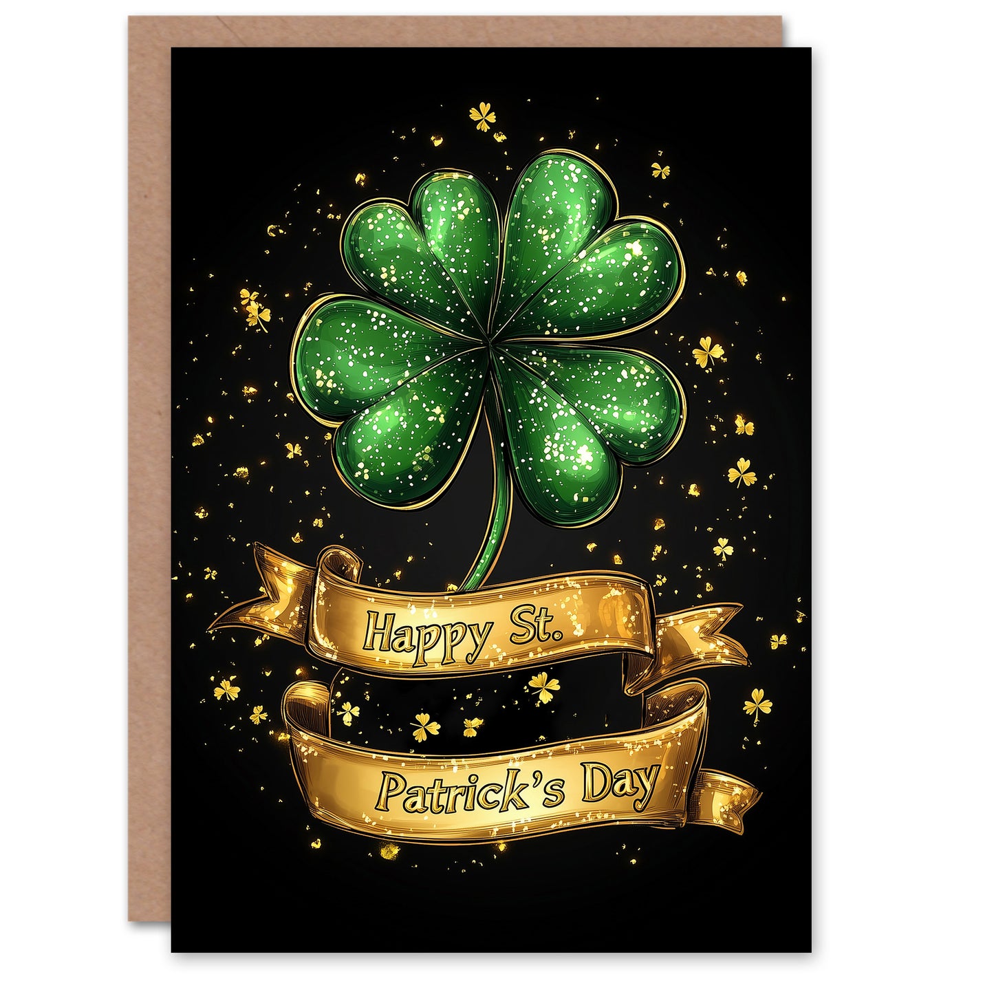 St. Patrick's Day Card Golden Four Leaf Clover Blank Greeting Card
