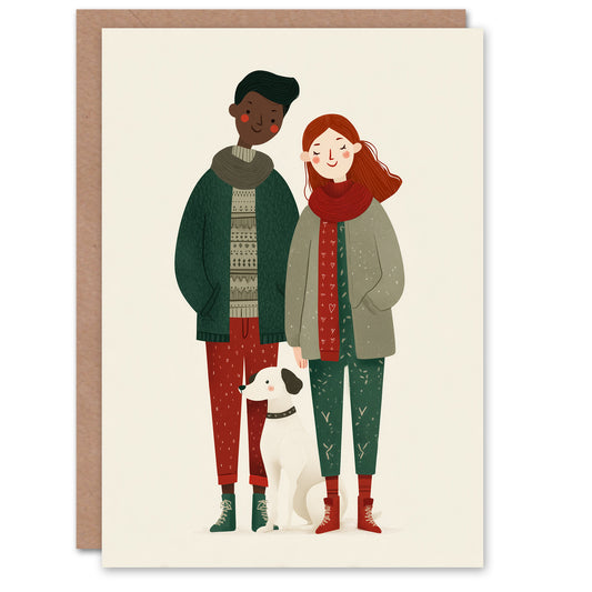 Mixed Race Couple And Pet Dog Modern Illustration Valentine's Day Card